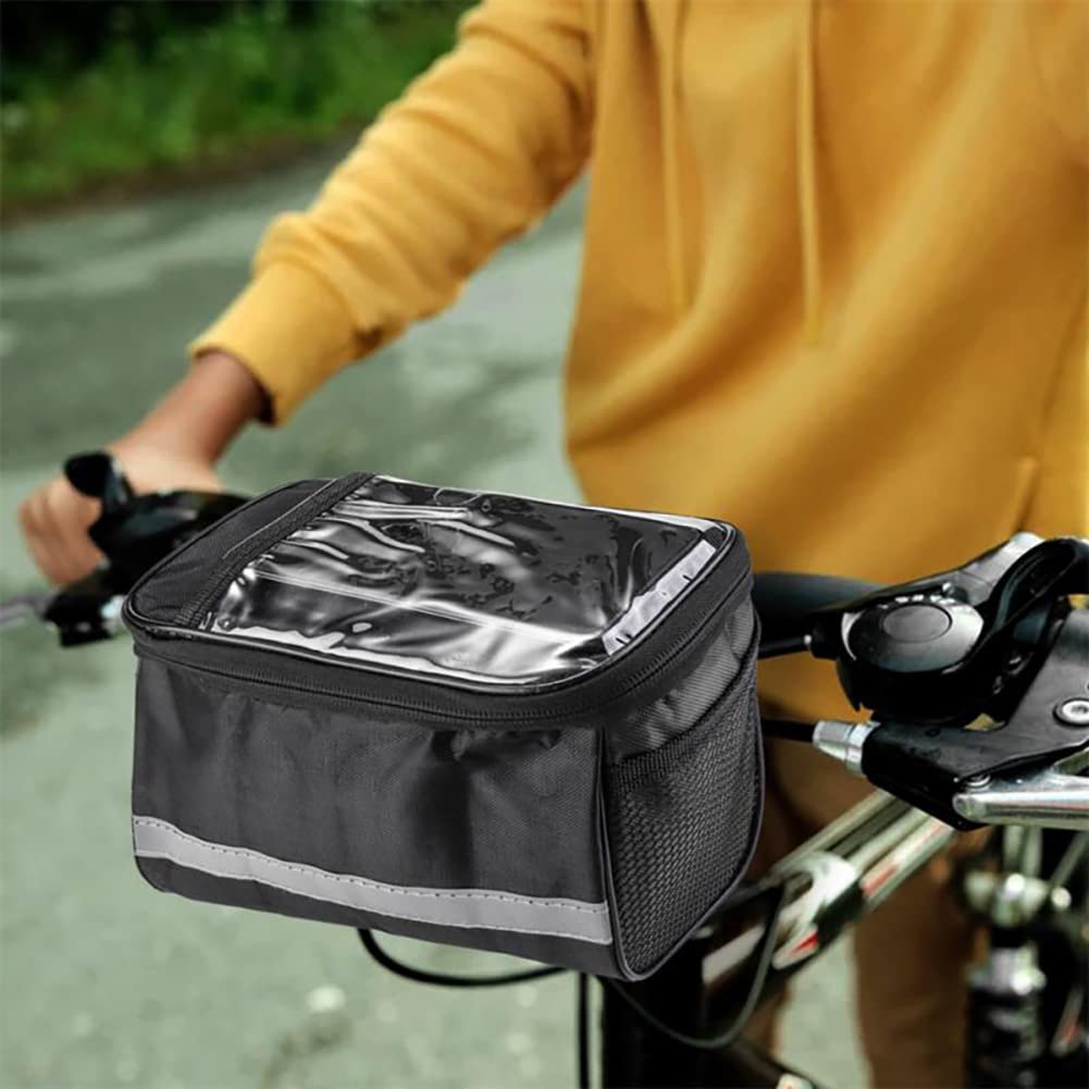 **Waterproof Bike Handlebar Bag - Reflective Front Bicycle Basket with Phone Holder for Road & Mountain Cycling - Portable Storage Pouch for Commuting, Travel & Outdoor Adventures**