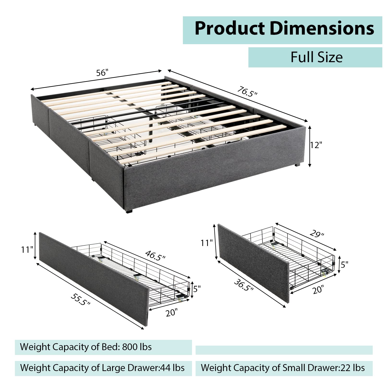 GOFLAME Full Size Platform Bed Frame with 3 Storage Drawers - Upholstered Wooden Slatted Bed, Modern Mattress Foundation with Faux Linen Fabric - No Box Spring Needed, Noise Free, Headboard-Free Design - Perfect for Small Bedrooms, Guest Rooms & Modern Apartments