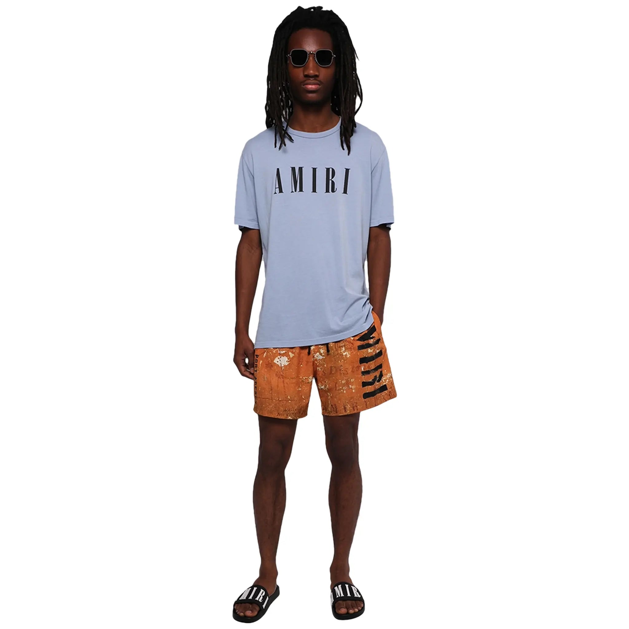 Amiri Stencil Military Orange Swim Shorts for Men - Quick-Dry Beach Swimwear with Comfortable Fit - Perfect for Swimming, Surfing, and Summer Vacations