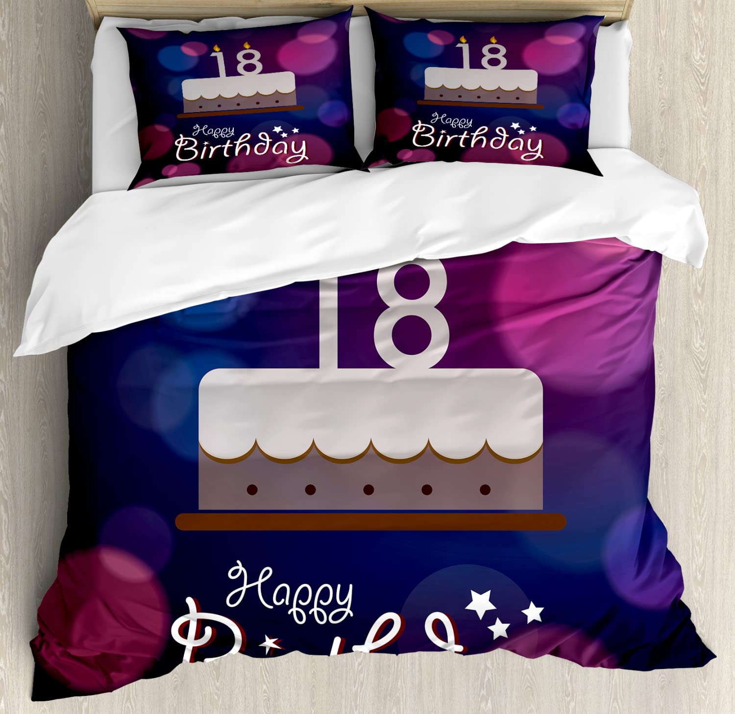 Ambesonne 18th Birthday Duvet Cover Set - Vibrant Cartoon Cake with Candles Design, Queen Size 2-Pack (Purple & Lilac) - Includes 2 Duvet Covers & 4 Pillowcases - Perfect for Teen Bedrooms, Birthday Parties & Gift Giving