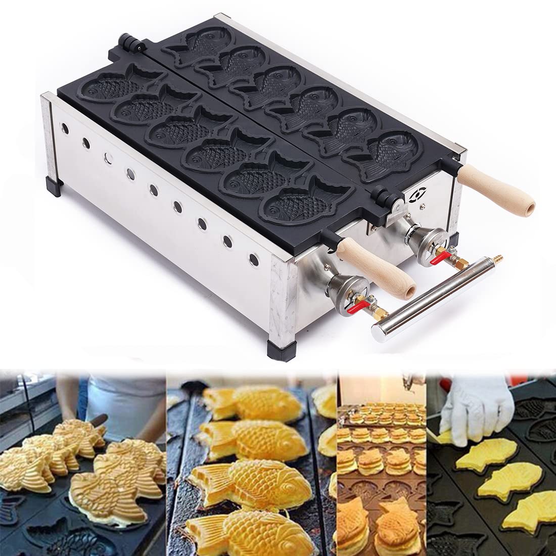 DNYSYSJ 6-Slice Taiyaki Fish Waffle Maker - LPG Gas Non-Stick Japanese Pancake Machine with Double Pan for Home & Commercial Use - Perfect for Breakfast, Desserts, and DIY Cooking Parties