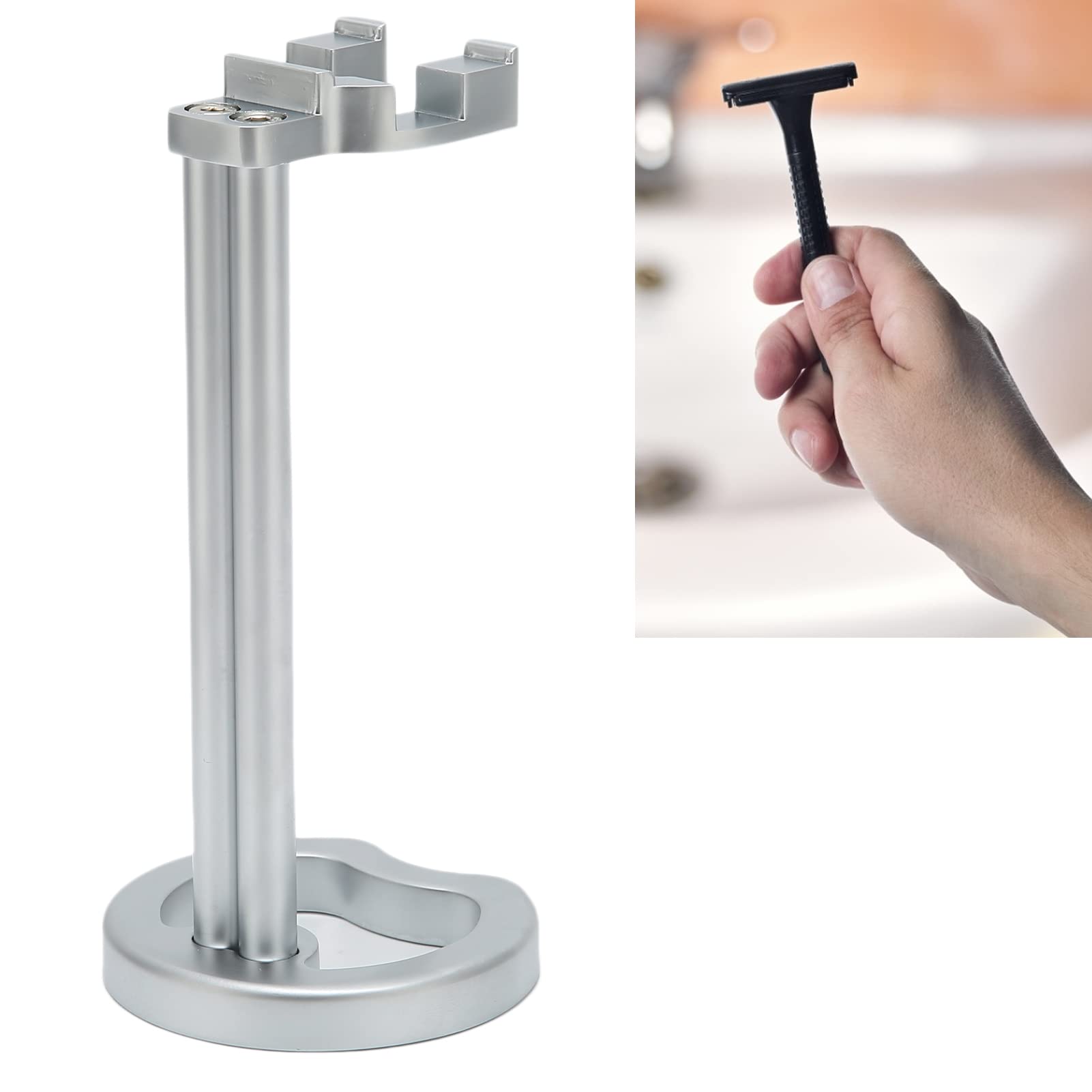 Stainless Steel Universal Razor Holder & Shaving Brush Stand - Durable Men's Shaving Accessory Organizer for Safety Razors | Perfect for Bathroom Countertop, Travel & Gift Giving