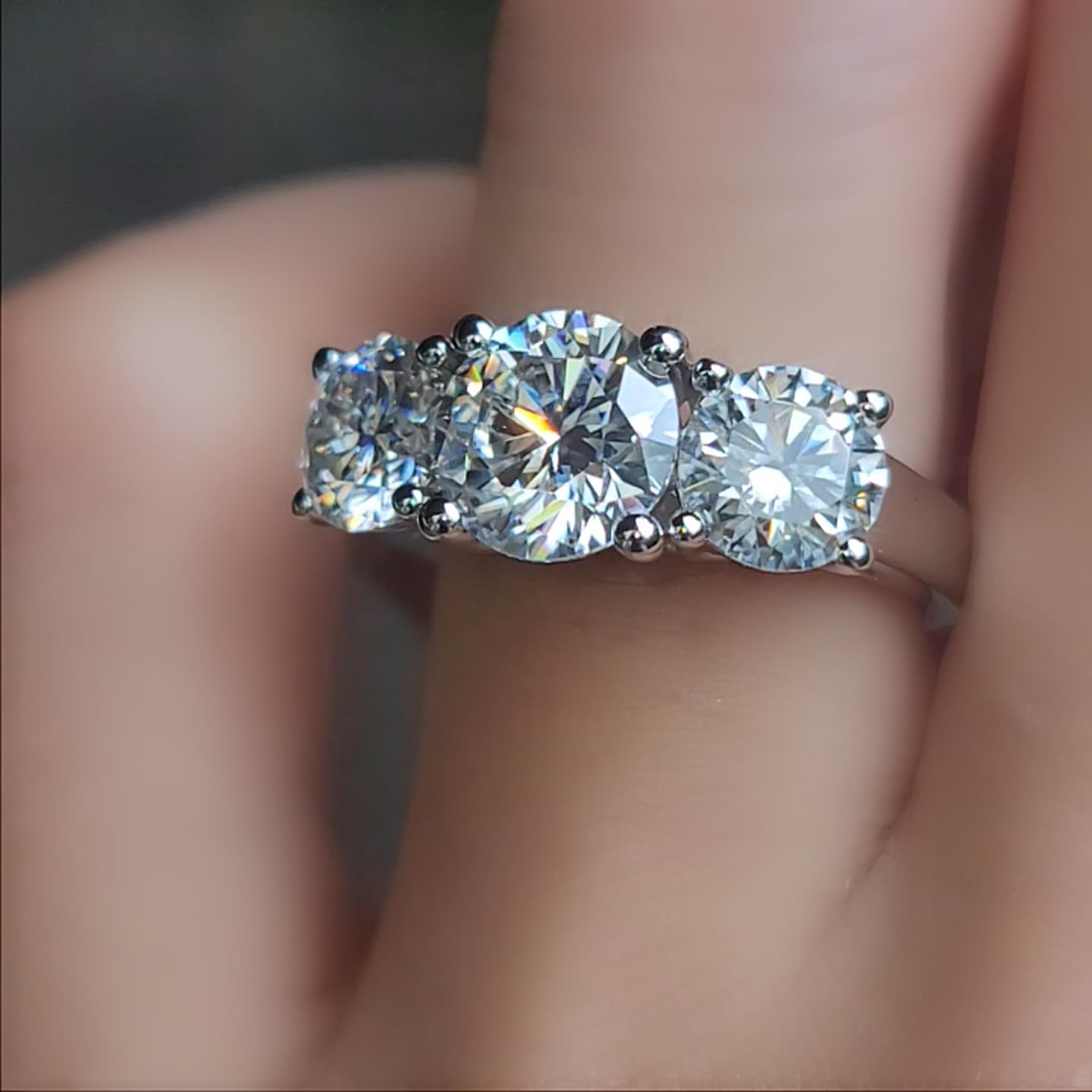 DovEggs 3 Stone Moissanite Engagement Ring for Women - 4ct Center (6.5mm-8mm-6.5mm) GHI Color H&A Cut Wedding Band, 14K Gold or Sterling Silver - Perfect for Proposals, Anniversaries & Special Occasions