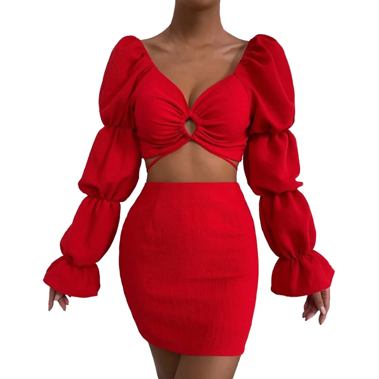 Women's Summer Maxi Dress with Long Sleeves & V-Neck - Solid Color Bandage Two Piece Outfit with Mini Bodycon Skirt | Perfect for Beach Vacations, Date Nights & Summer Parties