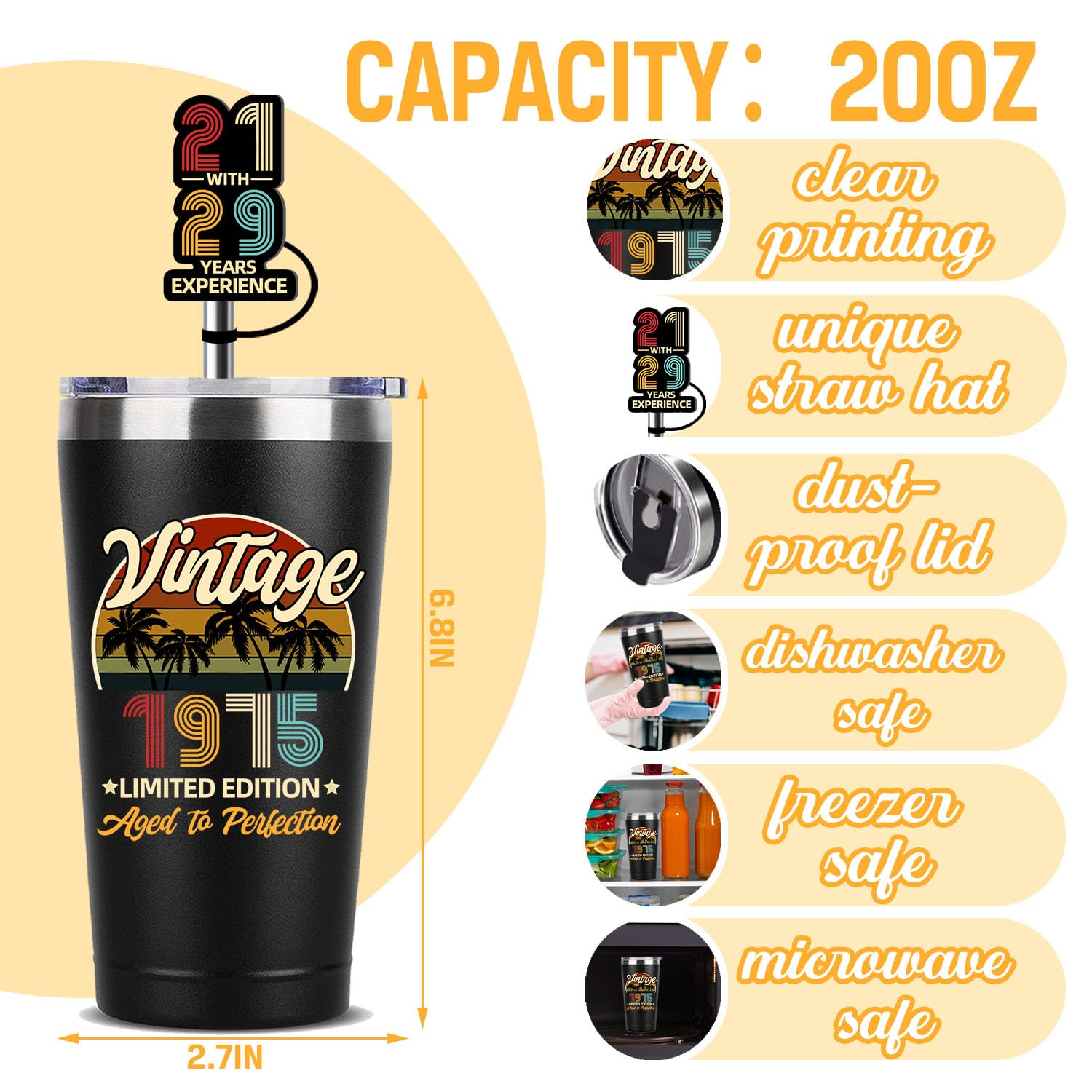 Vintage 50th Birthday Thermos Cup - 20oz Funny 1975 Themed Gift for Men & Women with Brush Straw & Cap - Perfect for Anniversary, Retirement Party & Milestone Celebration Gifts