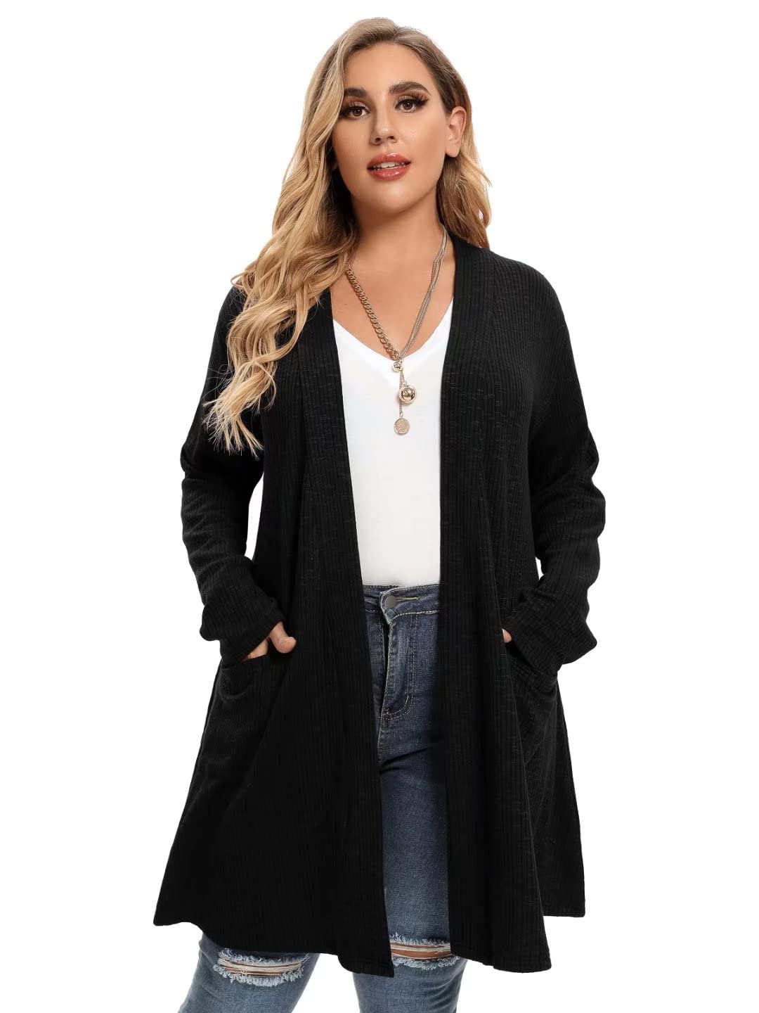 LARACE Women's Plus Size Open Front Knit Cardigan Sweater - Lightweight Long Sleeve Top with Pockets for Winter | Cozy Layering for Office, Casual Outfits & Home Wear