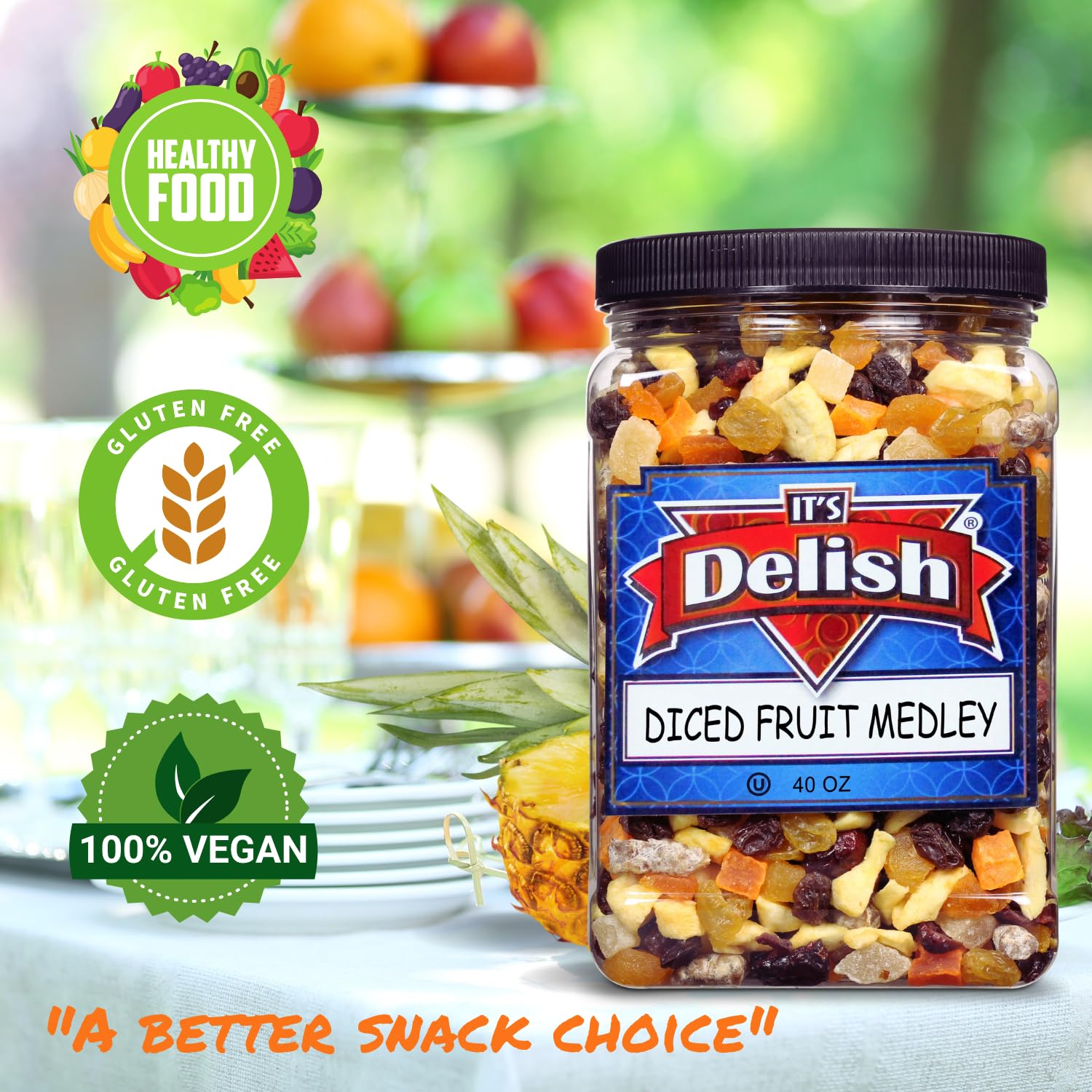Dried Mixed Fruit Dices Medley - 40oz Jumbo Container | Healthy Vegan Snacks for Adults, Kids & Pets | Gluten-Free, Kosher Trail Mix with Berries & Dry Fruits | Perfect for Hiking, School Lunches & Office Snacks