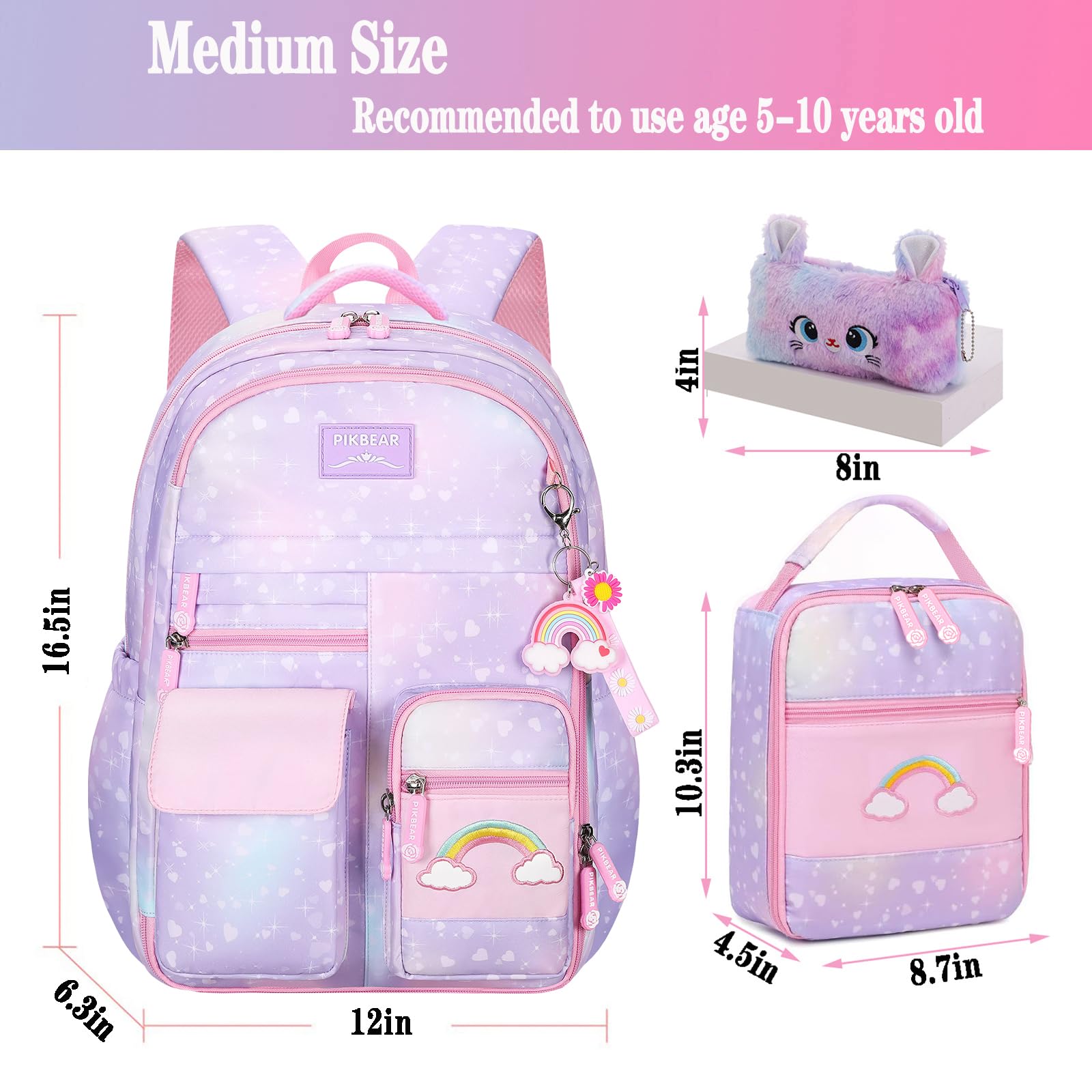 3Pcs Kids Backpack Set for Girls - Cute Rainbow School Backpack with Lunch Bag & Pen Case (Purple, Medium 16.5in) - Perfect for School, Travel & Daily Use