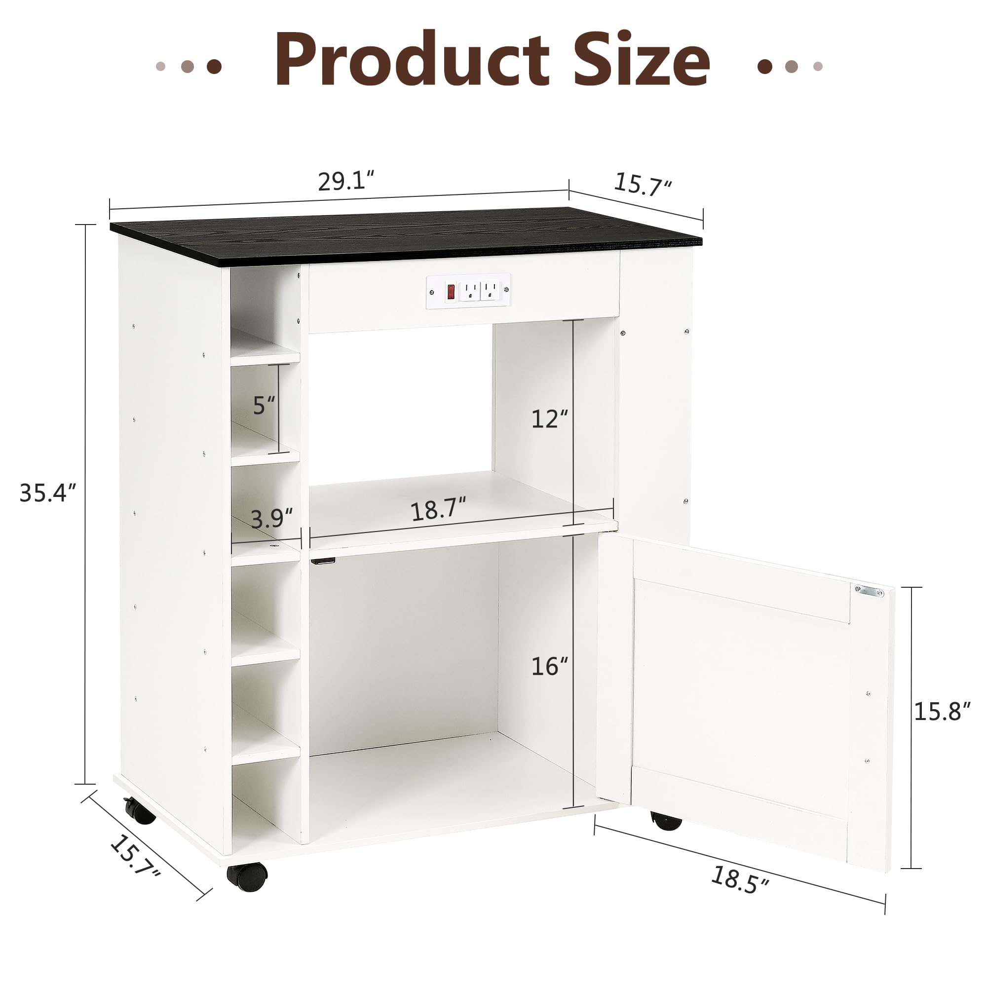VECELO White Rolling Kitchen Island Cart with Large Storage, Microwave Stand, Open Shelves & Wine Rack - Mobile Bar Cabinet with Power Outlet for Dining Room, Living Room, Kitchen & Home Entertaining