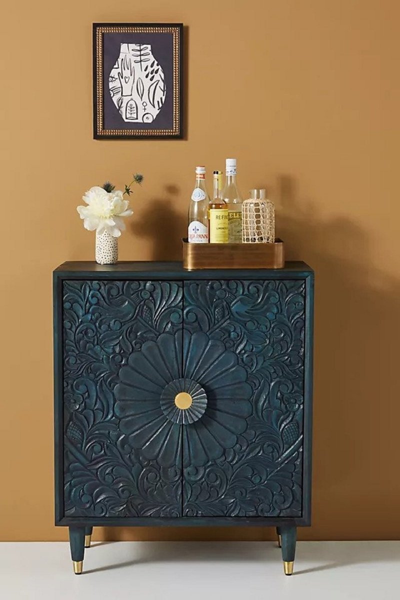 Hand Carved Gulliver Entryway Cabinet - Indigo Blue Solid Wood Storage Furniture for Hallway, Living Room & Bedroom Organization