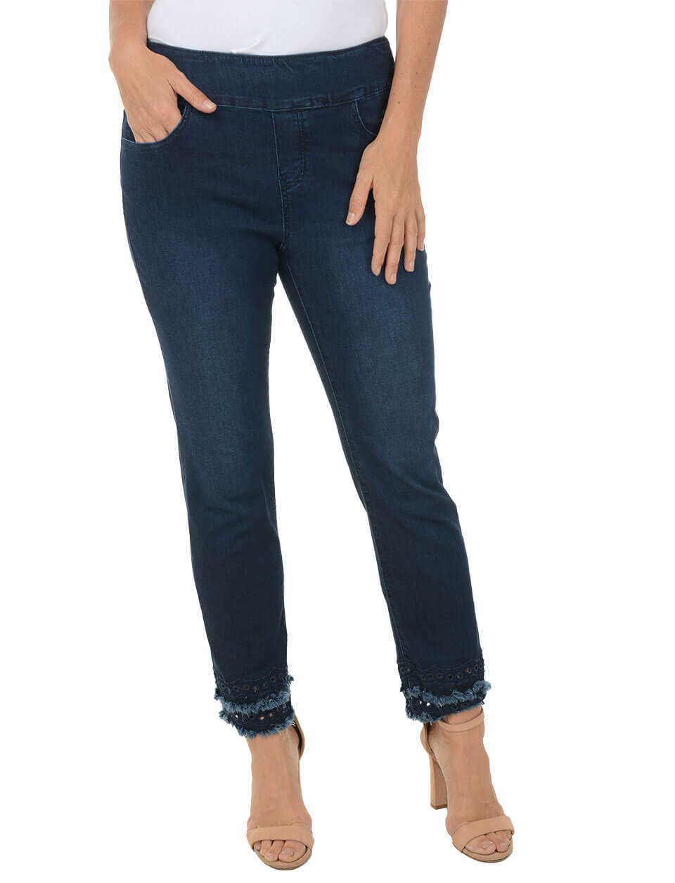 Fringe Scallop Embroidered Denim Ankle Pants for Women - Stylish Distressed Jeans with Boho Embroidery Details | Perfect for Casual Outings, Music Festivals & Boho Chic Fashion