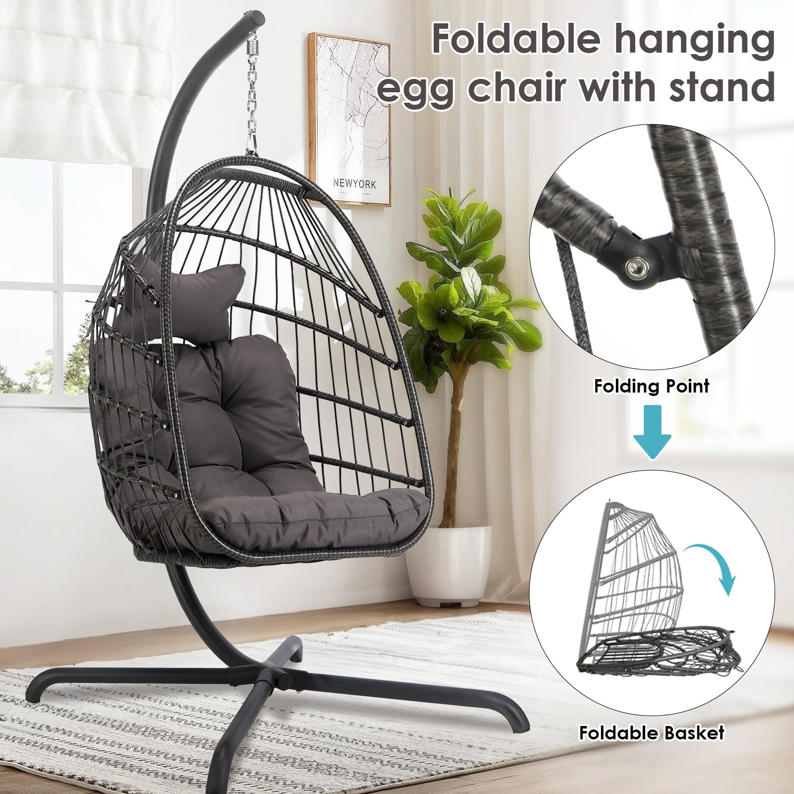 Hanging Egg Chair with Stand - Outdoor Swinging Chair with Water Resistant Cushions - Foldable Wicker Basket Chair for Patio, Garden, Balcony & Indoor Use - 350lb Weight Capacity (Dark Grey with Protective Cover) - Perfect for Relaxing, Reading & Lounging in Backyard or Sunroom