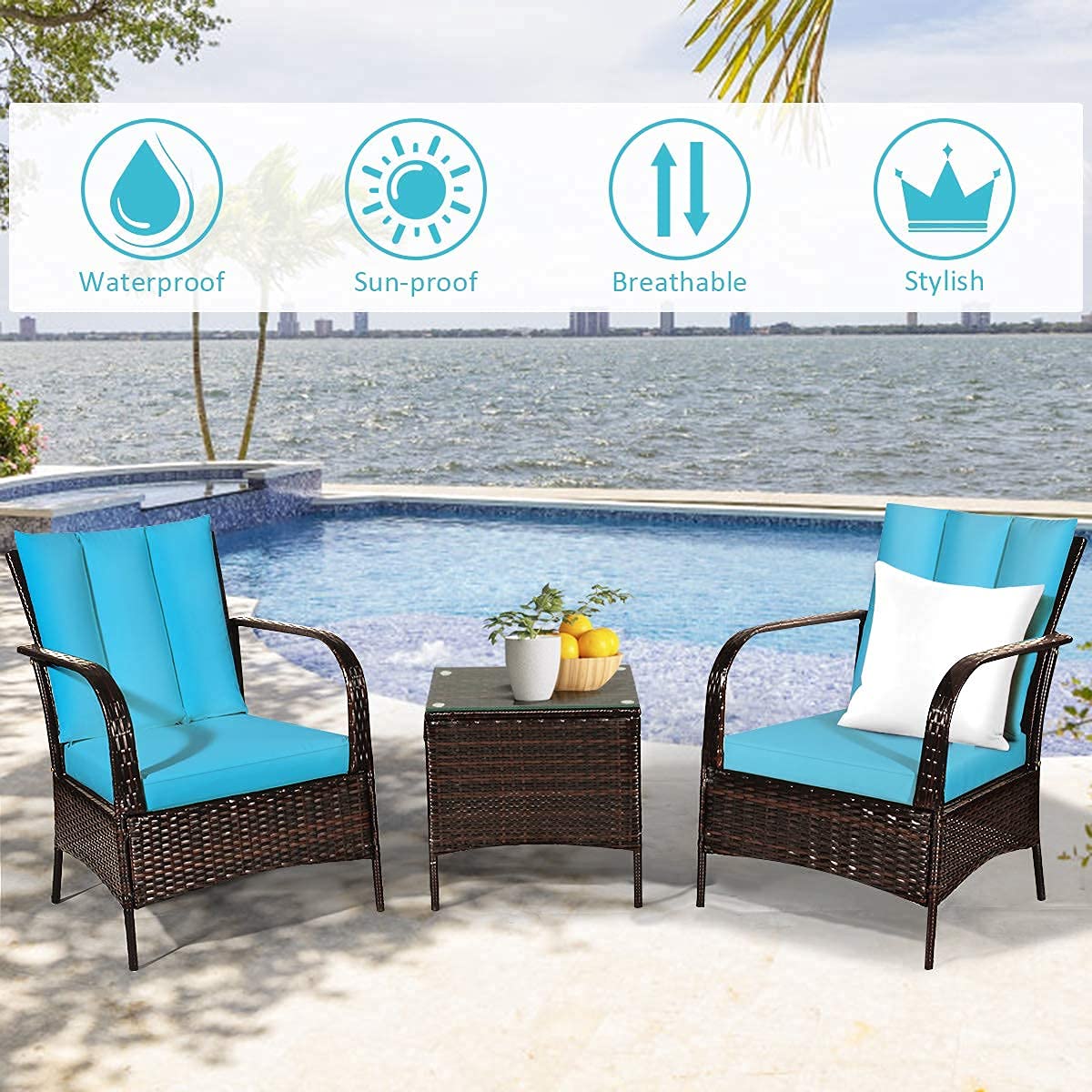 Tangkula 3-Piece Outdoor Patio Furniture Set - 2 Wicker Chairs with Glass Top Coffee Table, Rattan Conversation Set for Garden, Porch, Poolside & Backyard Relaxation