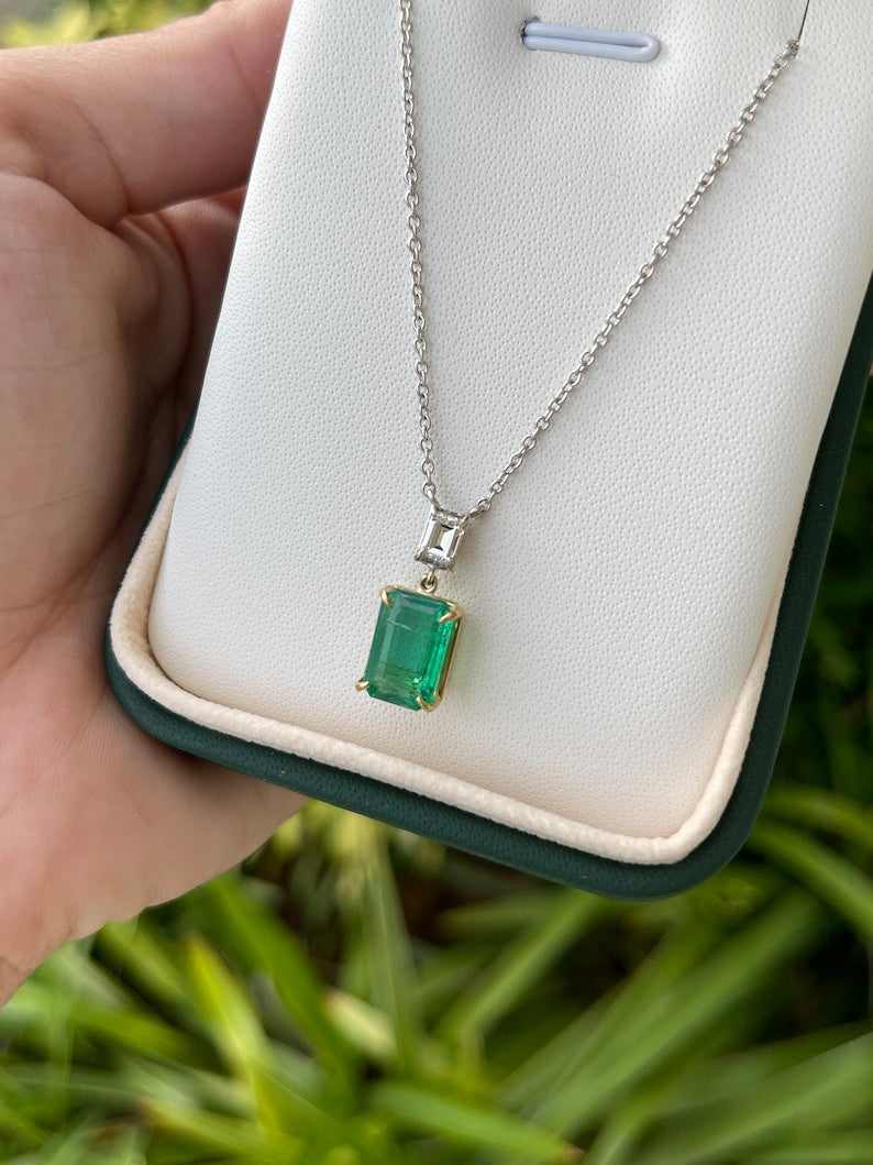 3.13tcw Genuine Dark Green Emerald Cut Diamond Necklace in 14K Two-Tone Gold - Elegant Jewelry for Weddings, Anniversaries & Special Occasions
