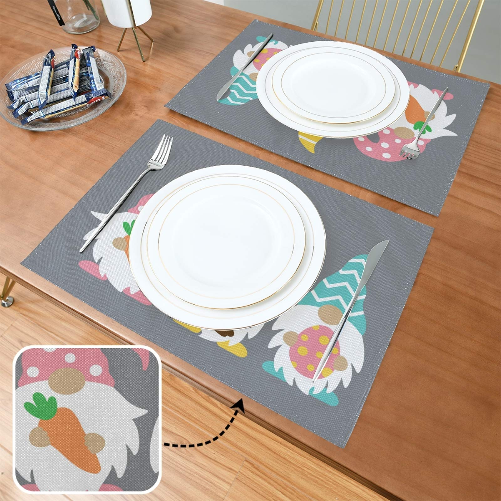Heat-Resistant Egg Rabbit Gnomes Placemats Set of 4 - Cute Easter Table Decor for Kitchen & Dining Room - Perfect for Holiday Gatherings, Brunch, and Spring Celebrations