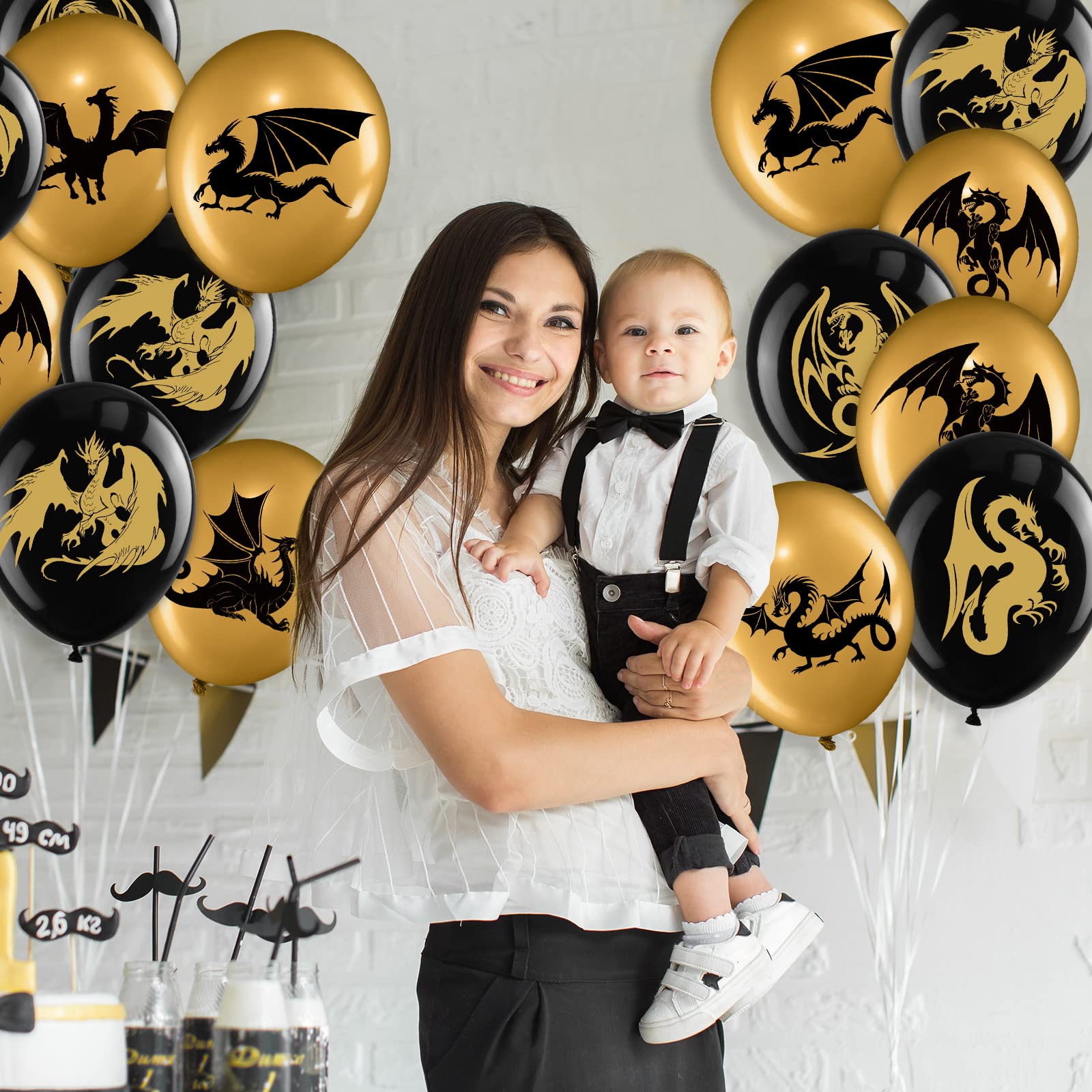 Zomiboo 50-Piece Dragon Theme Party Supplies Set - Black Gold Fantasy Birthday Decorations with 12-Inch Balloons for Medieval, D&D, and Fantasy Themed Parties