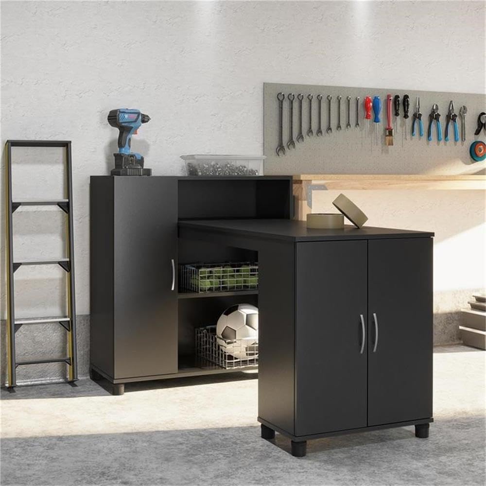 Pemberly Row Transitional Wood Hobby and Craft Desk with Storage Cabinet in Black - Perfect for DIY Projects, Home Office & Craft Room Organization