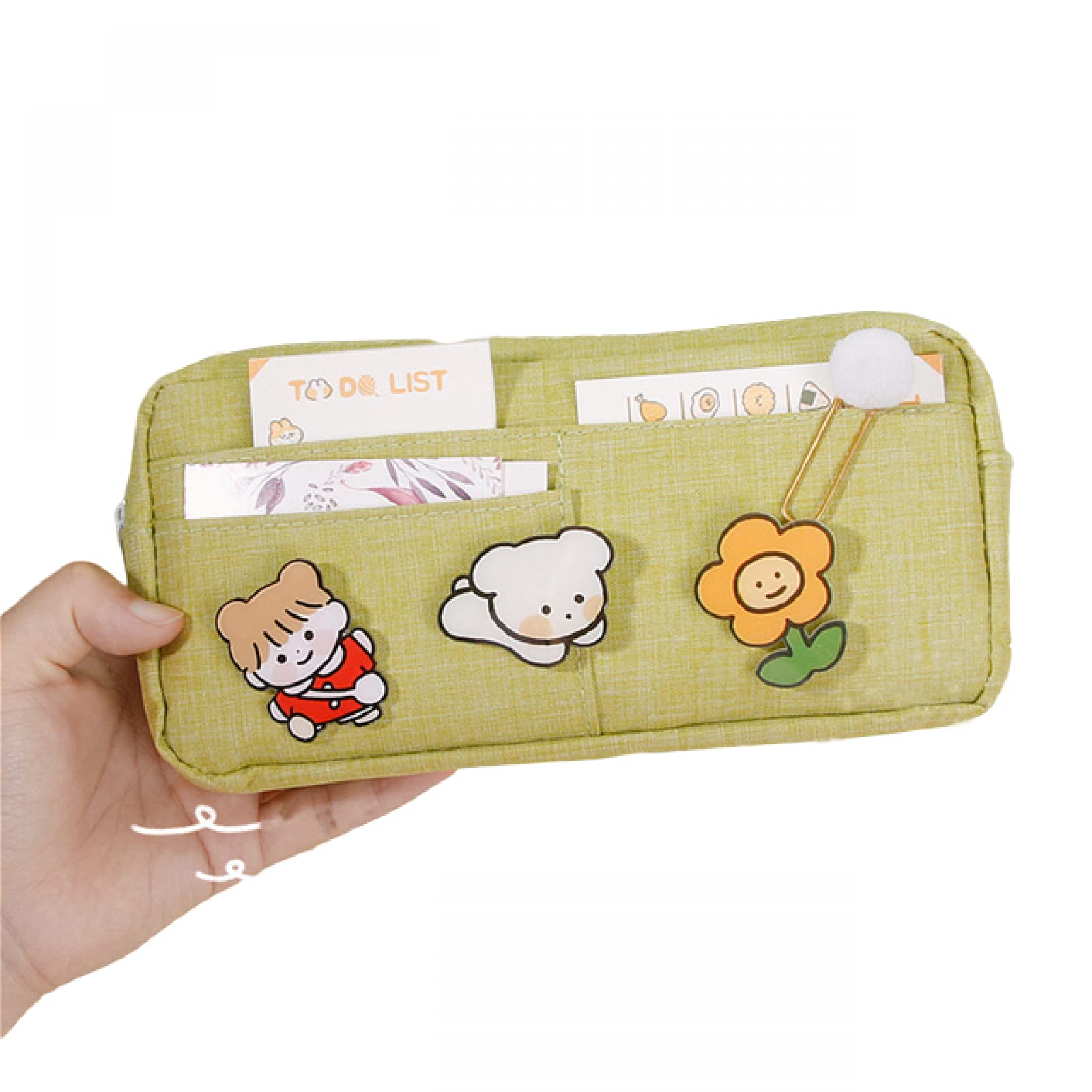 Cute Large Canvas Pencil Case for School - Kawaii Stationery Organizer & Makeup Pouch for Girls, Kids Gift with Badge (Green) - Perfect for School Supplies, Art Storage & Travel Essentials