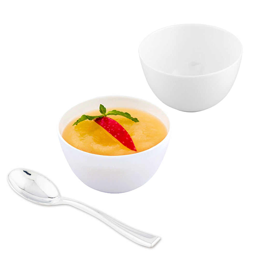 100 Pack 4 oz Round White Plastic Disposable Cups with 100 Silver Mini Plastic Spoons - Perfect for Parties, Cafes, and Bodega Drinks