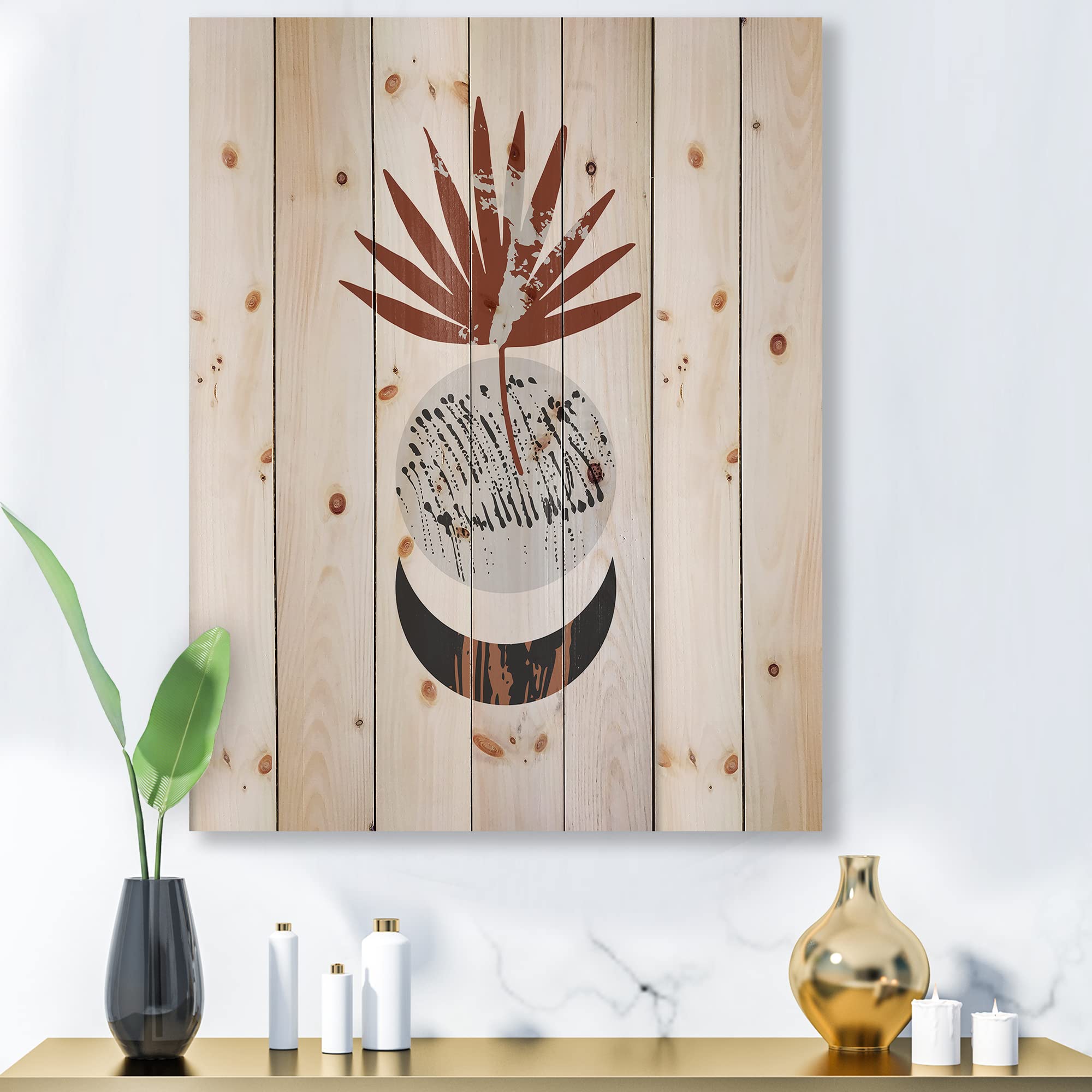 Retro Terracotta Moon & Sun Wood Wall Art - Modern Abstract Pine Wood Panel Decor for Living Room, Bedroom, or Office - Large Contemporary Wooden Wall Hanging with Natural Print