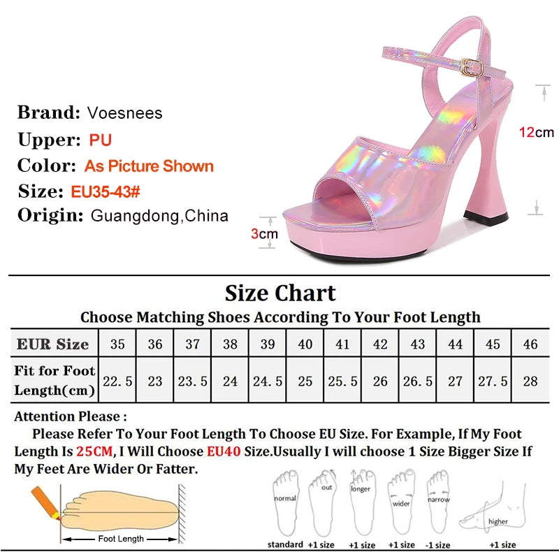 2024 Women's Laser 12CM Peep Toe Platform Sandals - Shiny Block Heel Pumps with Thick High Heels for Summer | Outdoor Slides & Dressy Occasions | Perfect for Beach, Party, and Evening Wear