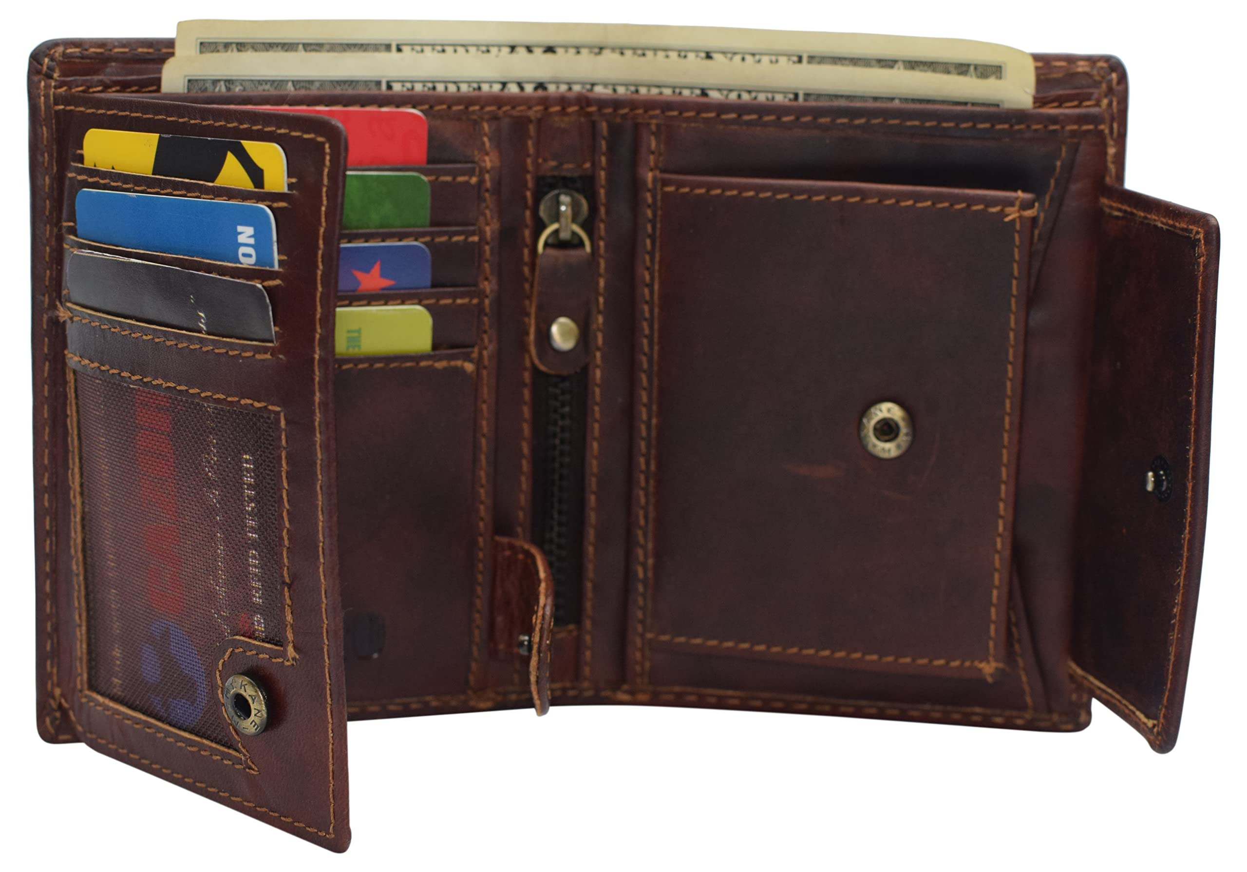 Genuine Vintage Leather RFID Wallet for Men - Bifold & Trifold Design with Snap Closure & 2 ID Windows - Large Capacity Card Holder (Vintage Brown) | Perfect for Everyday Use, Travel & Business