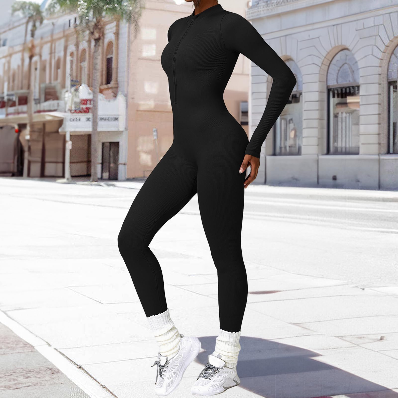 Jetjoy Women's Ribbed Long Sleeve Jumpsuit - Seamless Yoga Unitard with Zip Up, All-in-One Romper & Playsuit for Workout, Yoga, Lounge & Casual Wear