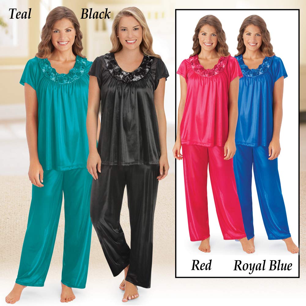 Collections Etc Women's Rose Trim Short Sleeve Pajama Set - Soft Sleepwear for Cozy Nights & Relaxing at Home