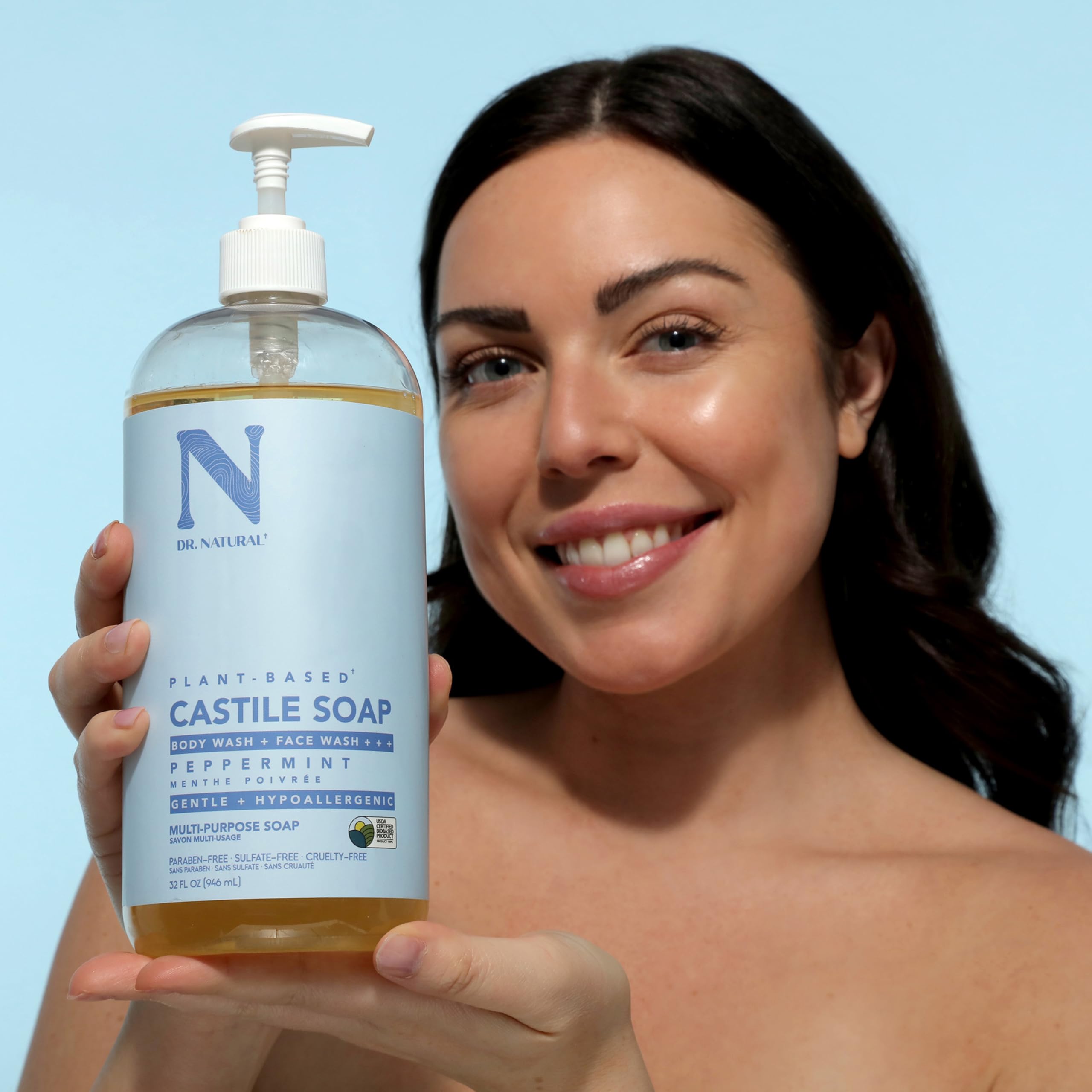 Dr. Natural Castile Liquid Soap Set - Organic Multi-Purpose Body Wash, Shampoo & Facial Cleanser - Hydrating for Skin, Hair, Pets & Home - Peppermint & Fragrance-Free Baby Safe - 32oz - Perfect for Travel, Camping & Eco-Friendly Household Use