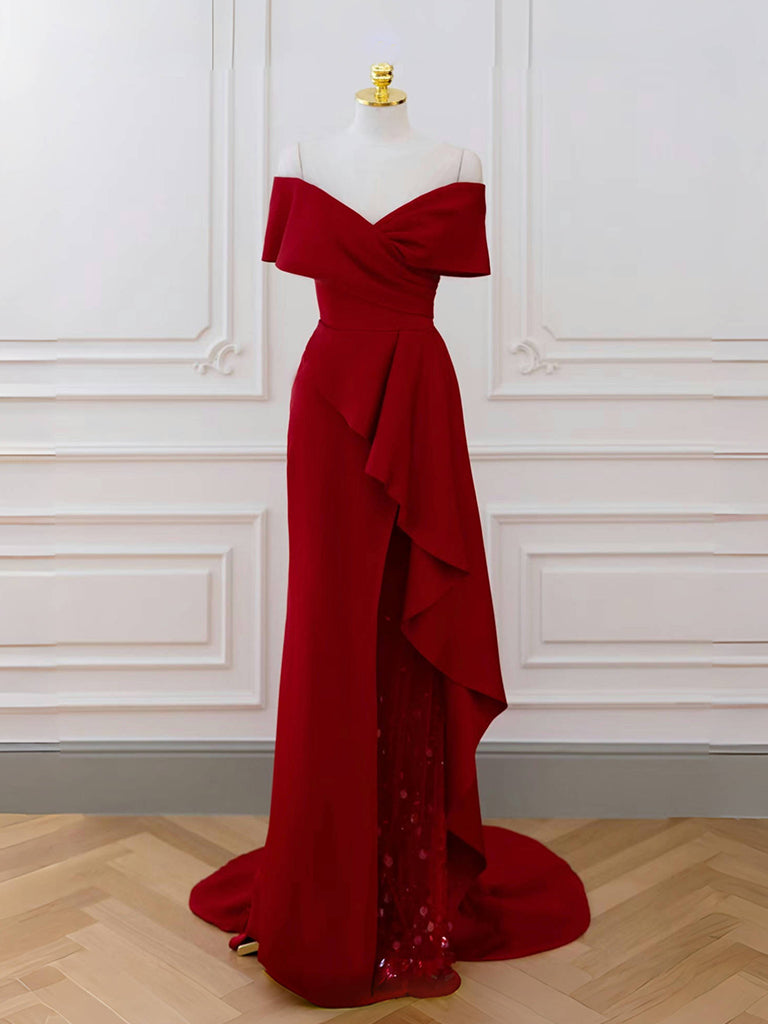 Elegant A-Line V-Neck Off-Shoulder Burgundy Long Prom Dress - Formal Evening Gown for Homecoming, Wedding, Party & Special Occasions
