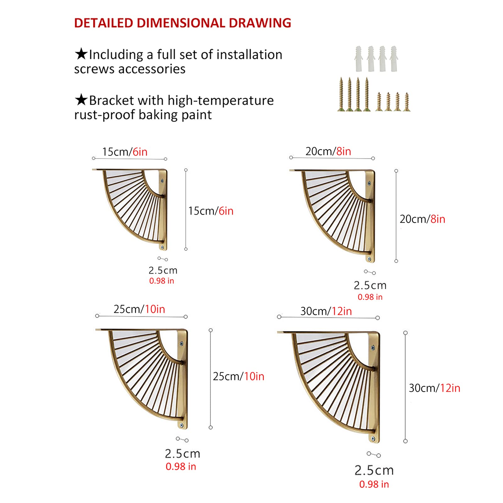 2Pcs Heavy Duty Metal Fan-Shaped Floating Shelf Brackets - Gold Wall Mounted Corner Braces for Right Angle Shelf Support (15cm/6in) - Perfect for Home Decor, Bookshelf Display & Bathroom Storage