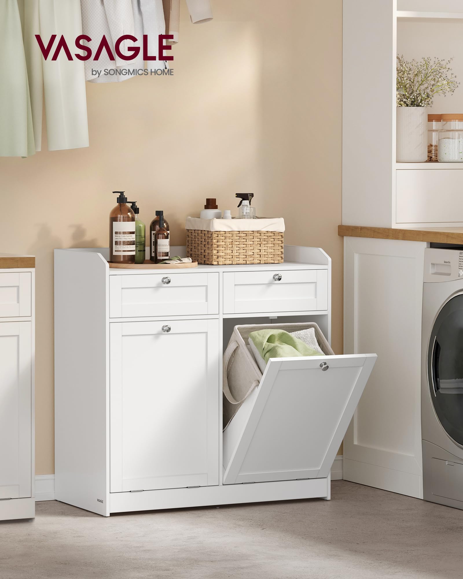 VASAGLE Freestanding Bathroom Laundry Storage Cabinet with 2 Drawers & 2 Tilt-Out Baskets, Hidden Hampers, White Storage Organizer for Bathroom, Laundry Room, Closet (31.1