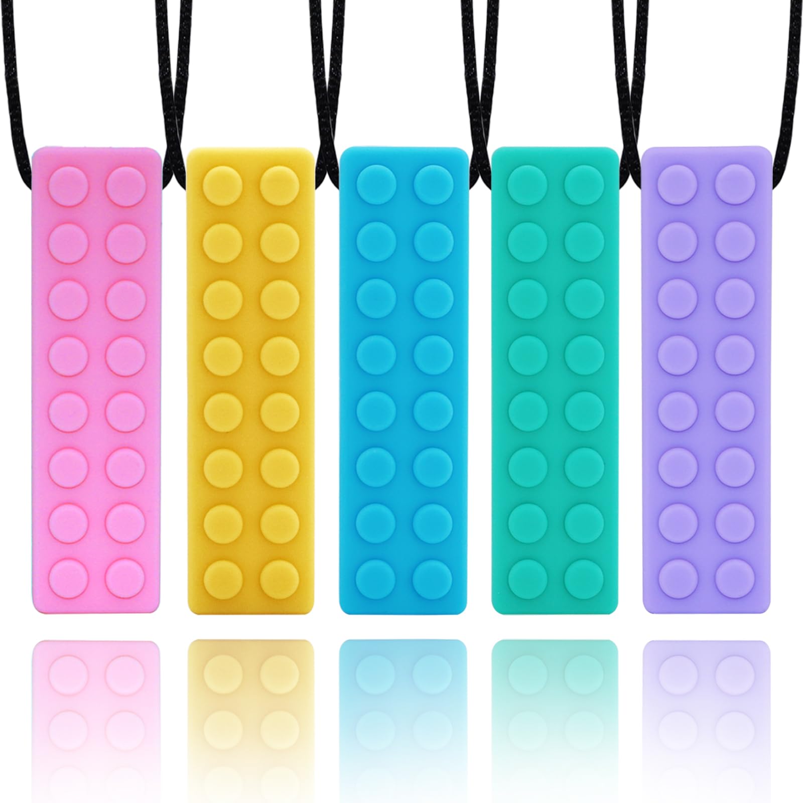 Sensory Chew Necklaces for Kids & Adults - 5 Pack Silicone Chewy Teether Toys for Autism, ADHD, Biting, Teething & Oral Motor Stimulation - Fidget Necklace Bundle for Boys, Girls & Sensory Seekers (Great for School, Travel & Anxiety Relief)