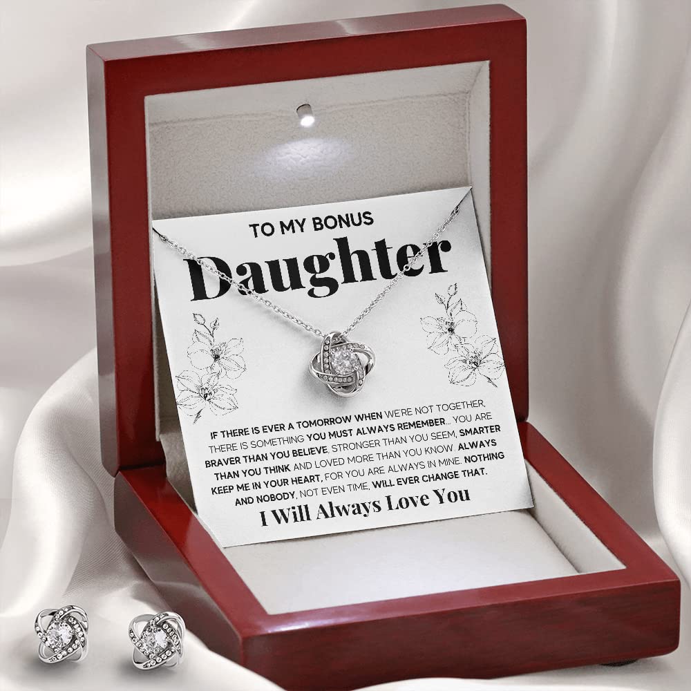 OC9 Sterling Silver Love Knot Necklace & Earrings Set for Daughter - Birthday, Graduation, Christmas Gift with LED Jewelry Box & Message Card - Perfect for Stepdaughter, Goddaughter, or Special Girl in Your Life (Ideal for Prom, Anniversary, or Everyday Wear)