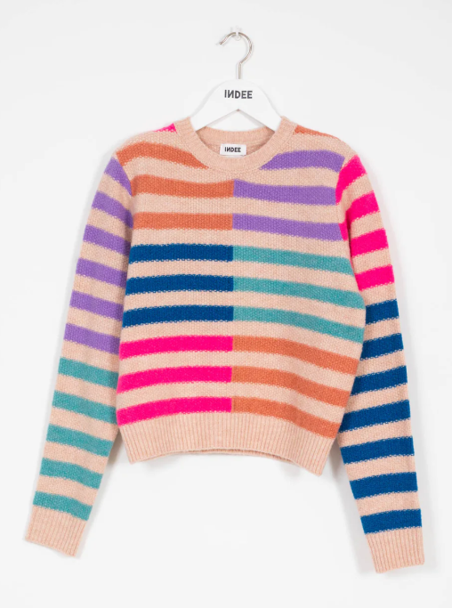 INDEE RAVENNA MULTI STRIPE PULLOVER Sweater - Women's Casual Knit Top (Size 10 L) - Cozy Fall & Winter Layering for Office, Travel and Weekend Outfits