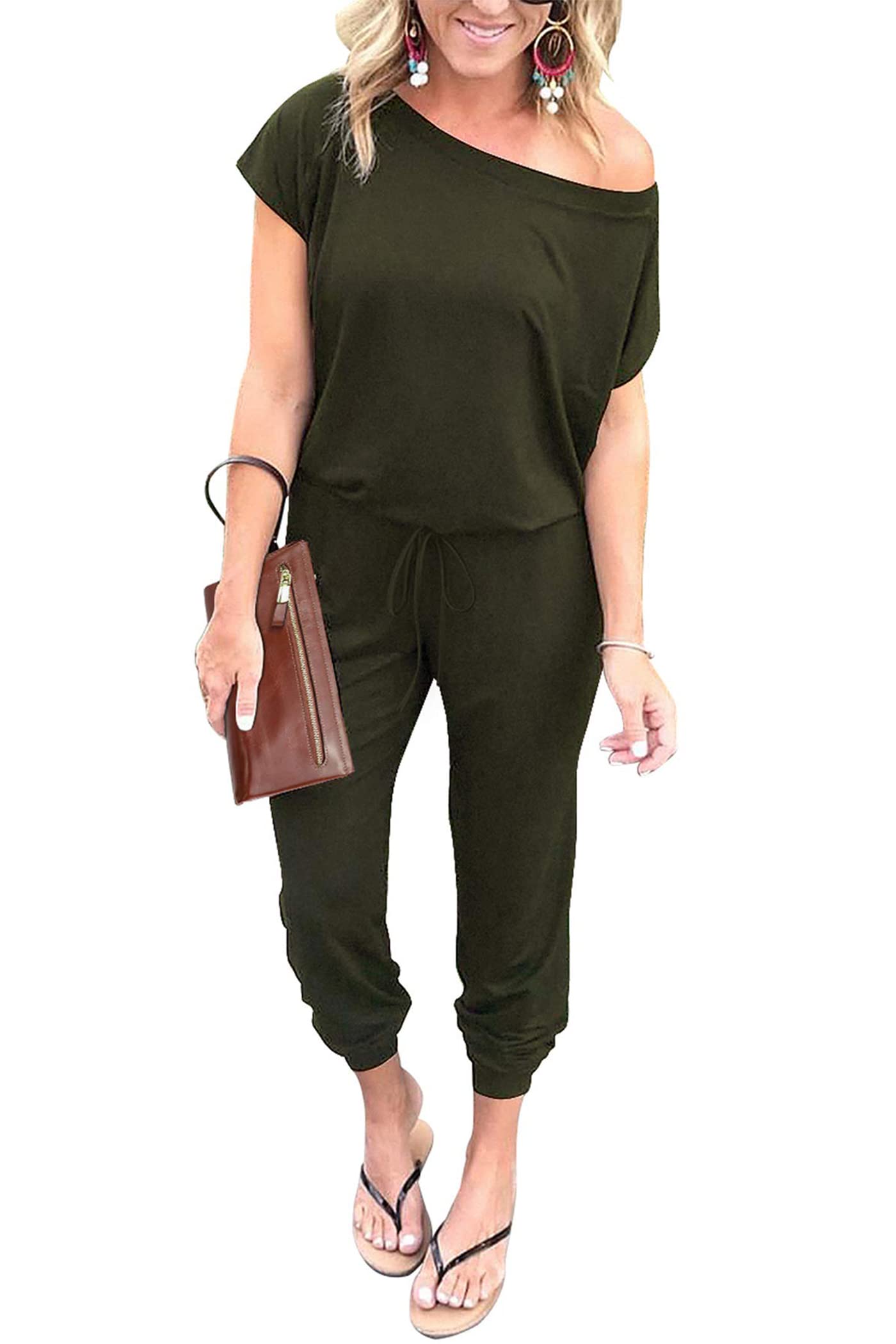 PRETTYGARDEN Women's Loose Fit Off Shoulder Romper Jumpsuit - Stretchy Elastic Waist, Solid Color Long Sleeve One Piece Outfit for Summer Beach, Vacation & Casual Wear