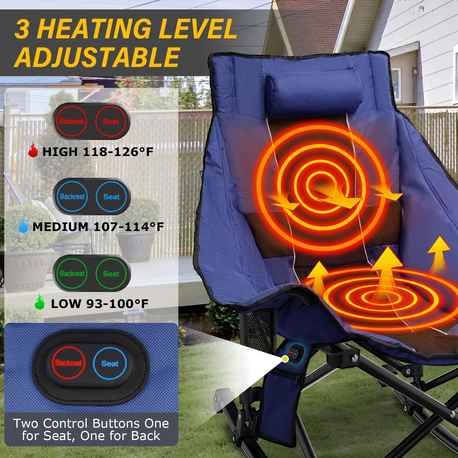 XL Heated Camping Chair with 3-Level Adjustable Heating for Back & Seat - Oversized Portable Outdoor Folding Rocking Chair for Camping, Backyard, Fishing & Winter Sports - Heavy Duty Lawn Chair with Heating
