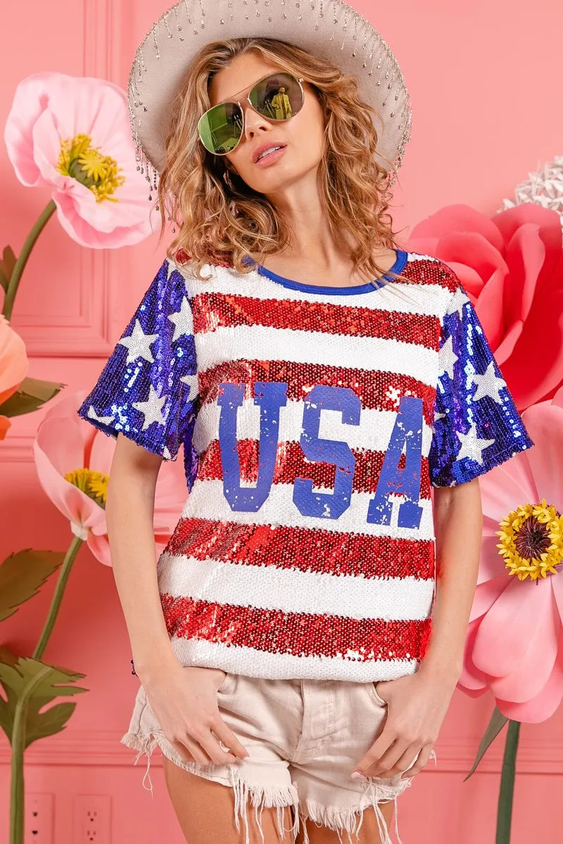 BiBi American Flag Sequin Top with USA Lettering - Patriotic Party Outfit for 4th of July, Independence Day & National Celebrations