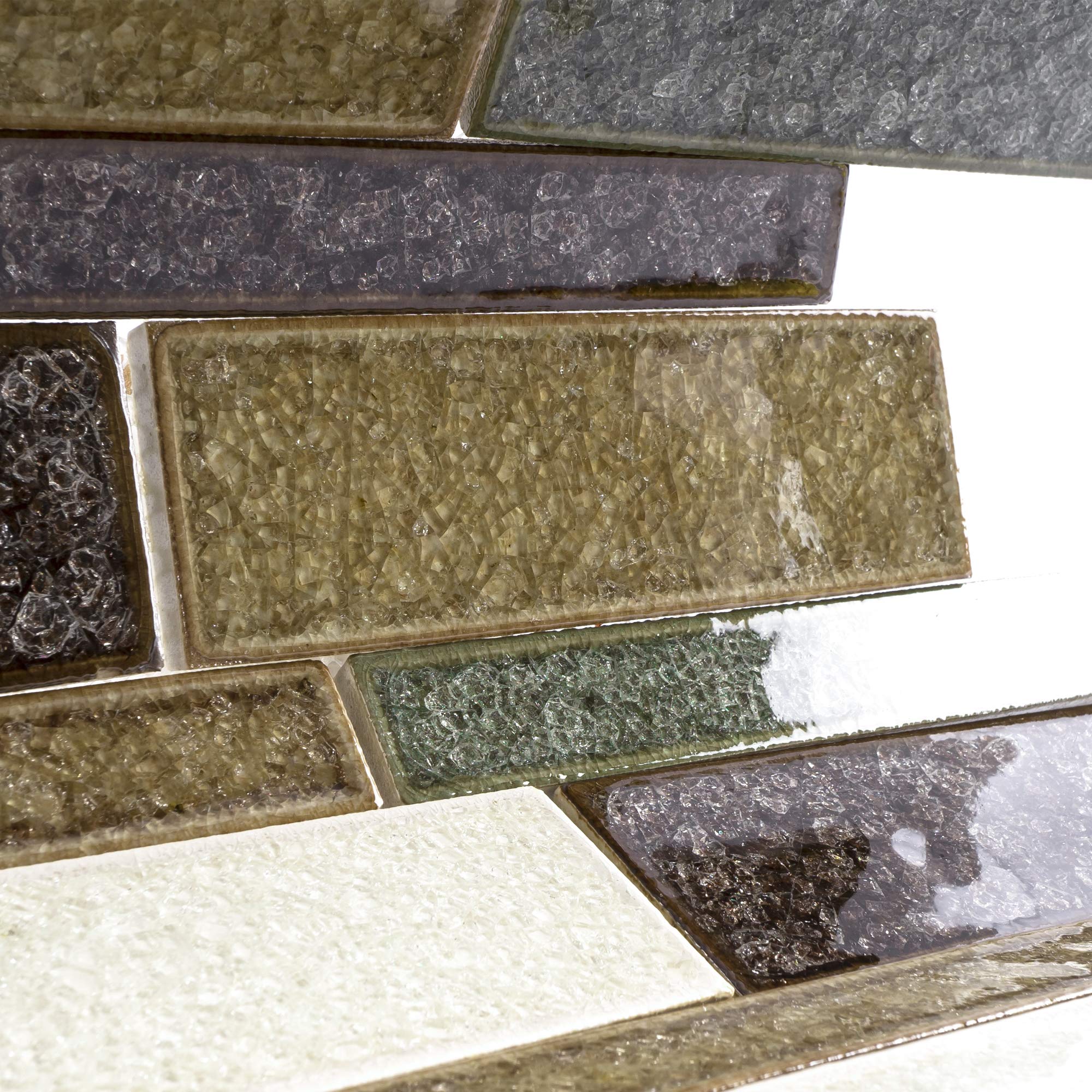 TRPCG-07 Roman Art Green Brown Large Brick Crushed Glass Mosaic Tile - 10 Sheets Pack for Bathroom Backsplash, Kitchen Wall, and Pool Decor