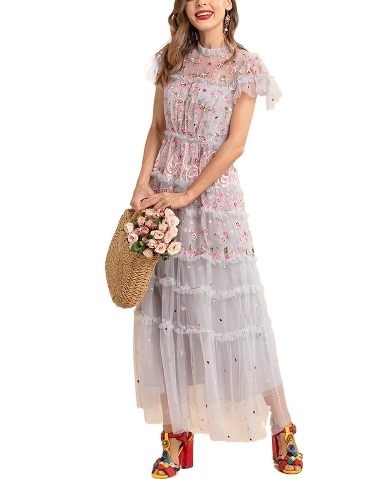 Stylish Pink Mesh Summer Dress for Women - Short Sleeve Floral Embroidery Party Maxi Dress | Perfect for Beach Vacations, Garden Weddings & Evening Events