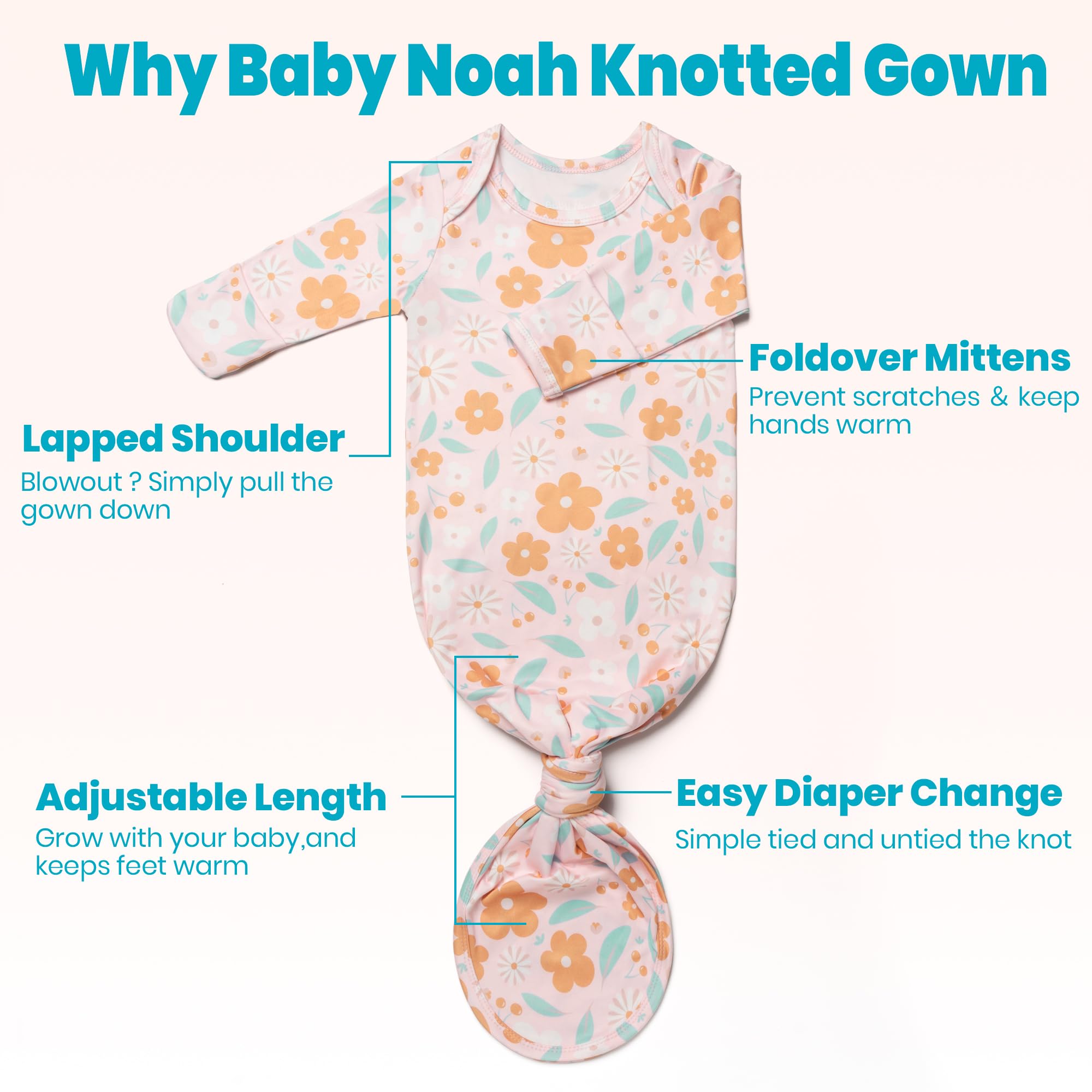 Soft Baby Knotted Gown for Girls - Newborn Hospital Outfit with Mittens | Perfect for Infants & Photo Shoots