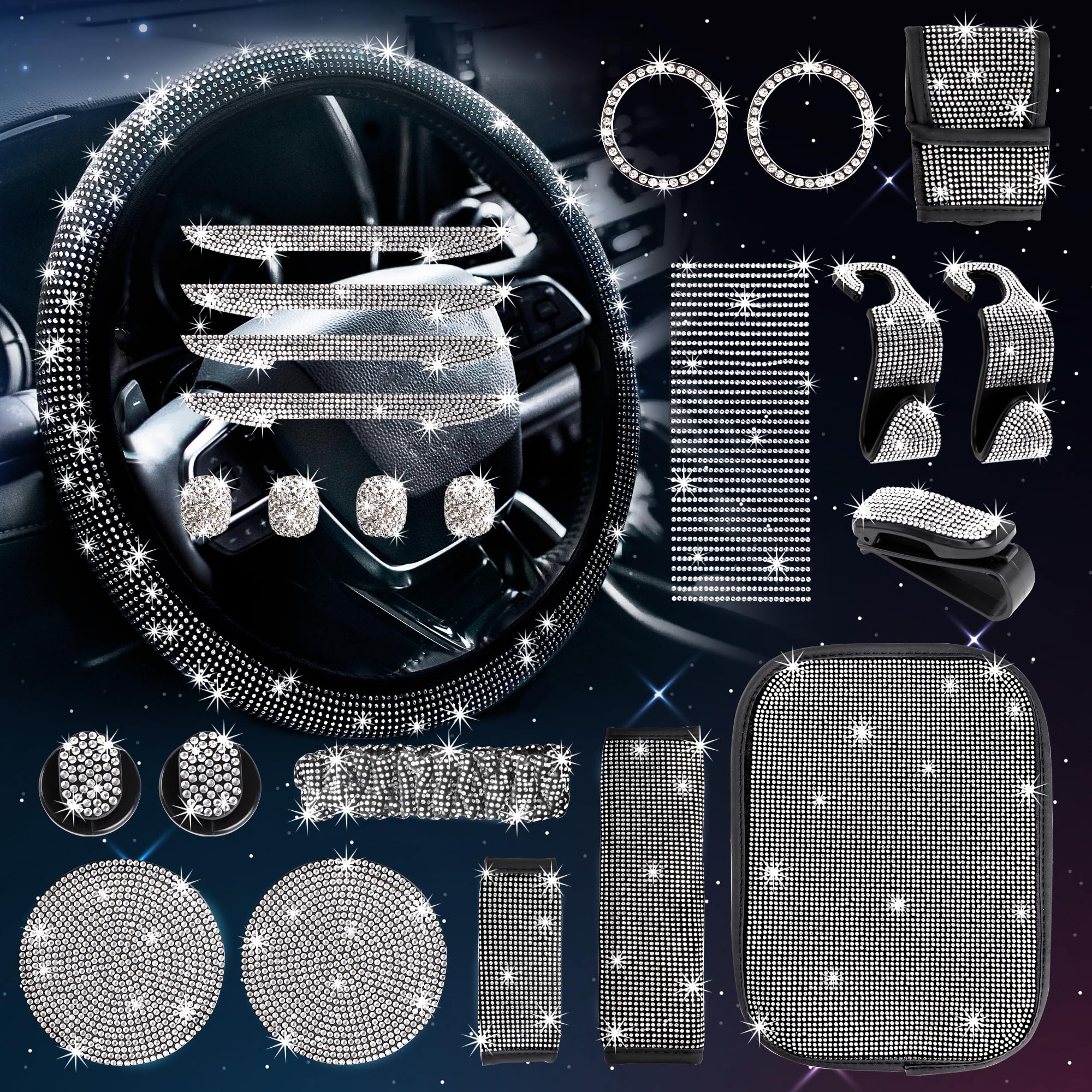 25 Pack Bling Car Accessories Set - Rhinestone Steering Wheel Cover & Glitter Seat Belt for Women (15 Inch Universal Fit, Silver White) | Car Interior Decor & Gift Ideas for Her