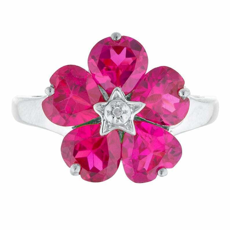 BeBold 5ct Heart Cut Pink Created Ruby Floral Engagement Ring for Women - 14K White Gold Plated Wedding Proposal Jewelry Gift for Anniversary & Valentine's Day