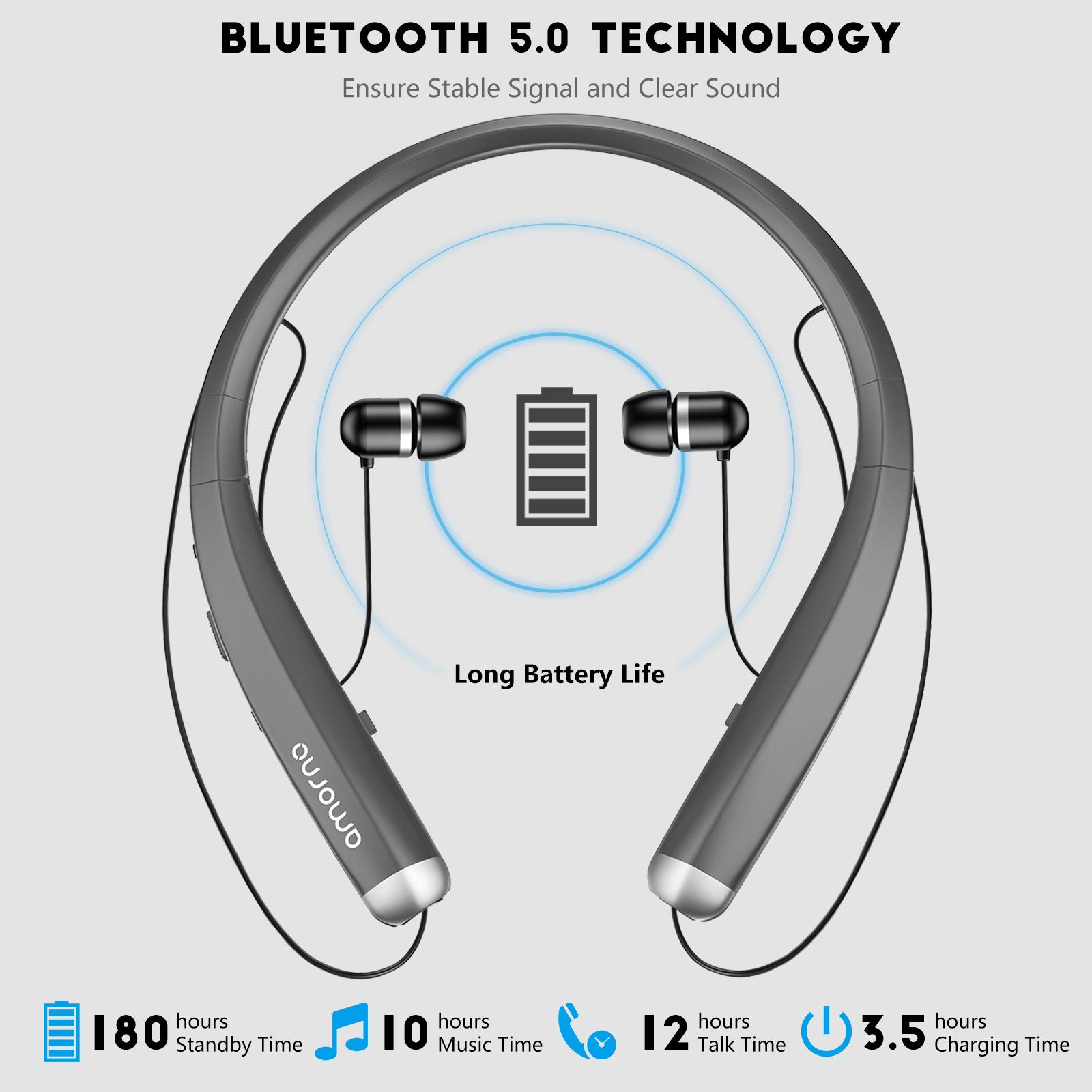 AMORNO Bluetooth Headphones Wireless - Foldable Neckband Headset with Retractable Earbuds, Sweatproof Noise Cancelling Stereo Earphones with Mic for Running, Gym & Travel (Grey)