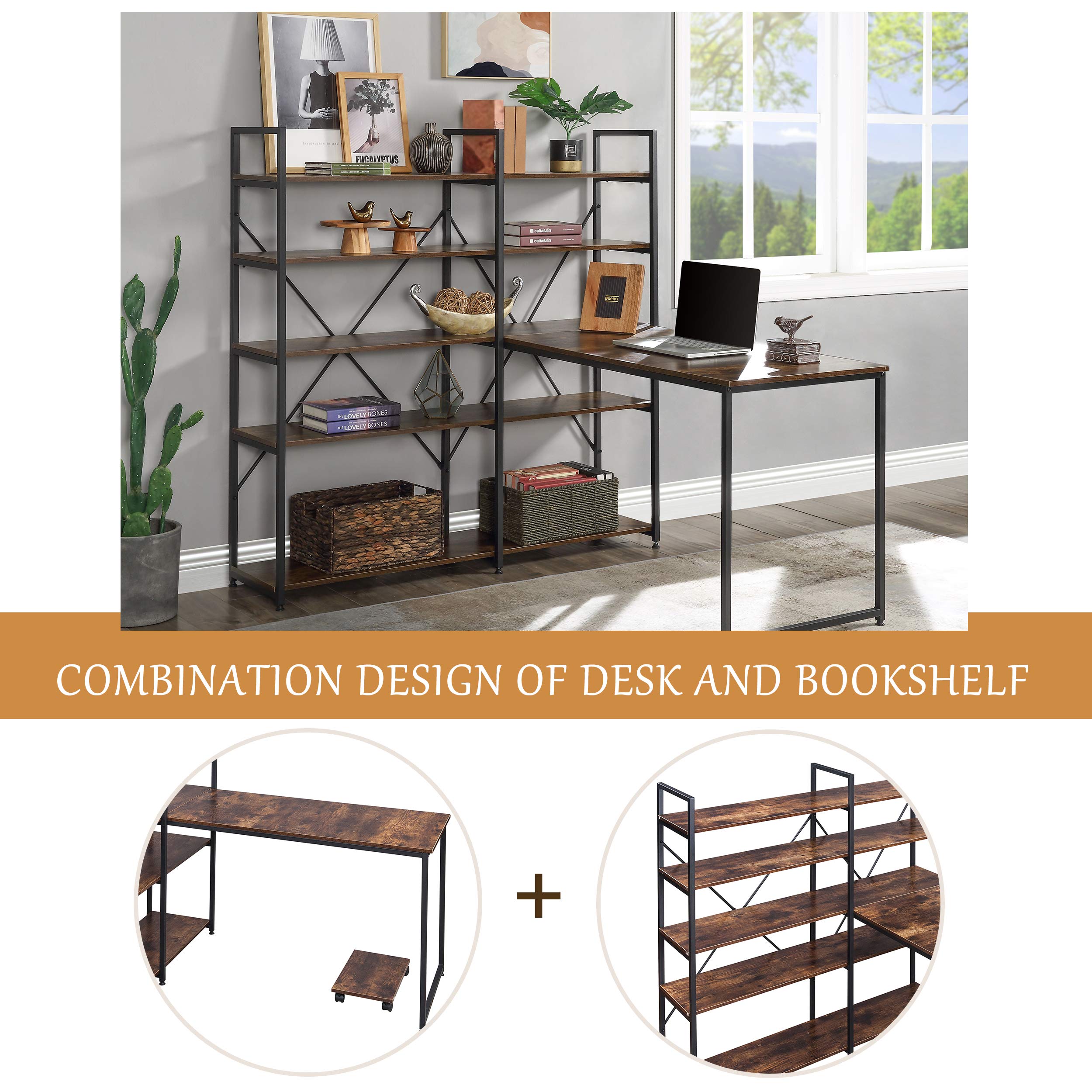 Industrial L-Shaped Computer Desk with 5-Tier Bookshelf - Sturdy Metal Frame & MDF Top - Spacious Workstation for Home Office, Gaming Setup or Dorm Room - Perfect for Remote Work, Online Classes & Small Spaces
