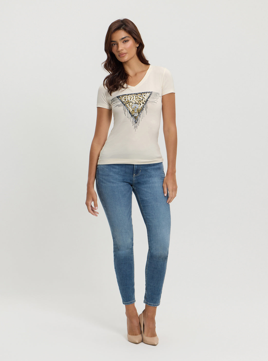 Beige Triangle Tiger Print T-Shirt for Women - Stylish Animal Graphic Tee for Casual Wear & Street Fashion