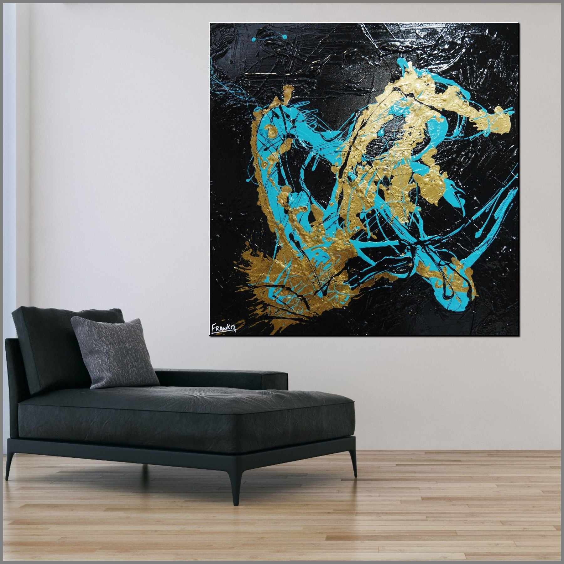 Jade Black Gold Textured Abstract Painting - 100cm x 100cm Modern Wall Art for Living Room, Bedroom & Office Decor | Jade Breath Collection