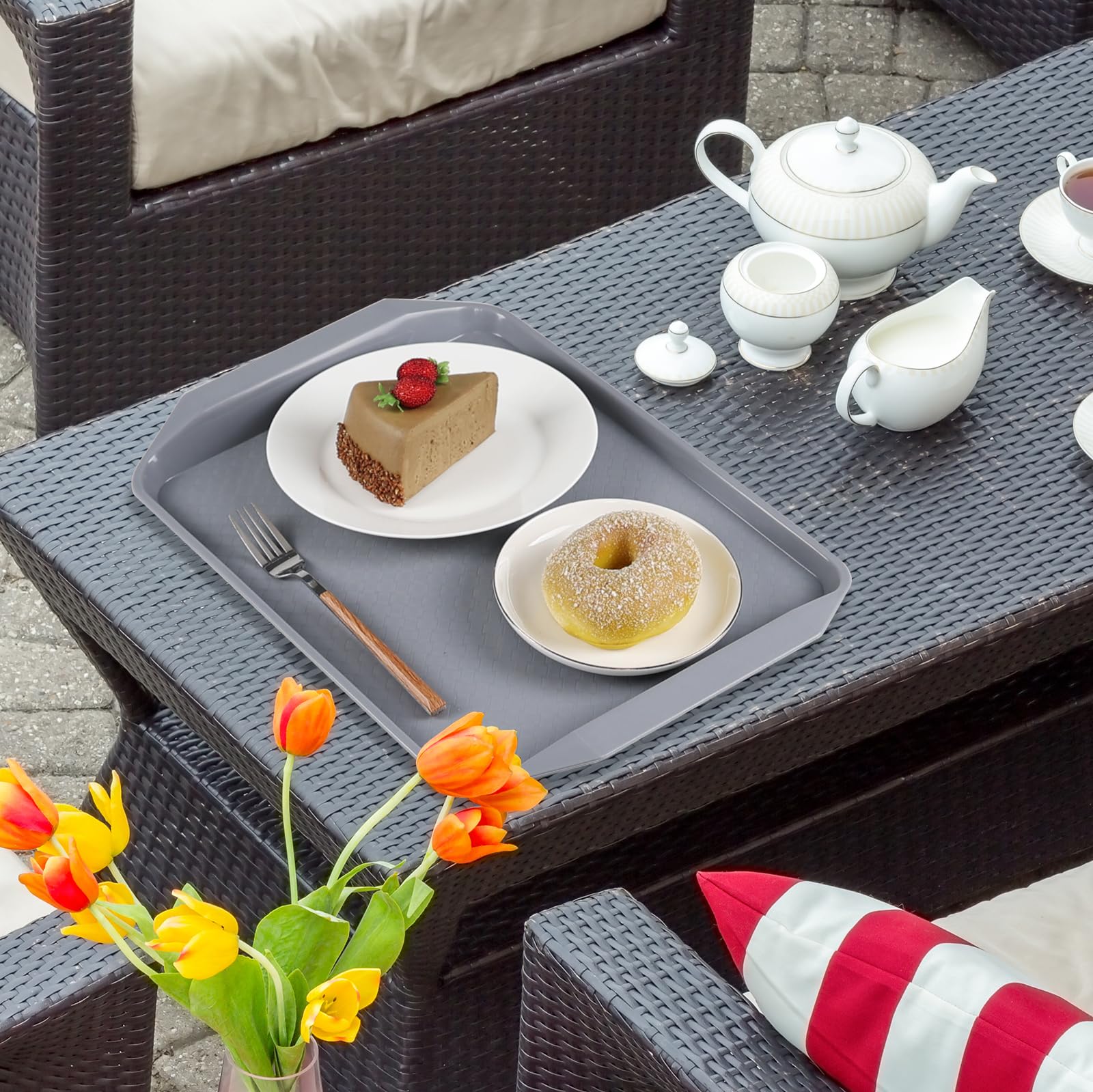4-Pack Non-Slip Plastic Fast Food Serving Trays - Durable Rectangle Breakfast Trays for Restaurants, Cafes & Home Use - Perfect for Serving Meals, Snacks & Drinks