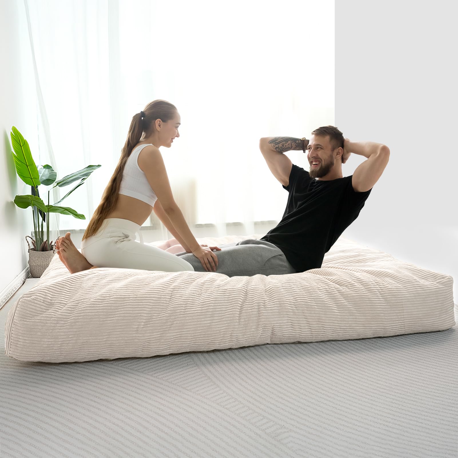 MAXYOYO Oversized Bean Bag Chair Bed for Adults - Convertible Floor Mattress & Lounge Chair - Soft Beige Fabric for Living Room, Bedroom & Game Room Relaxation