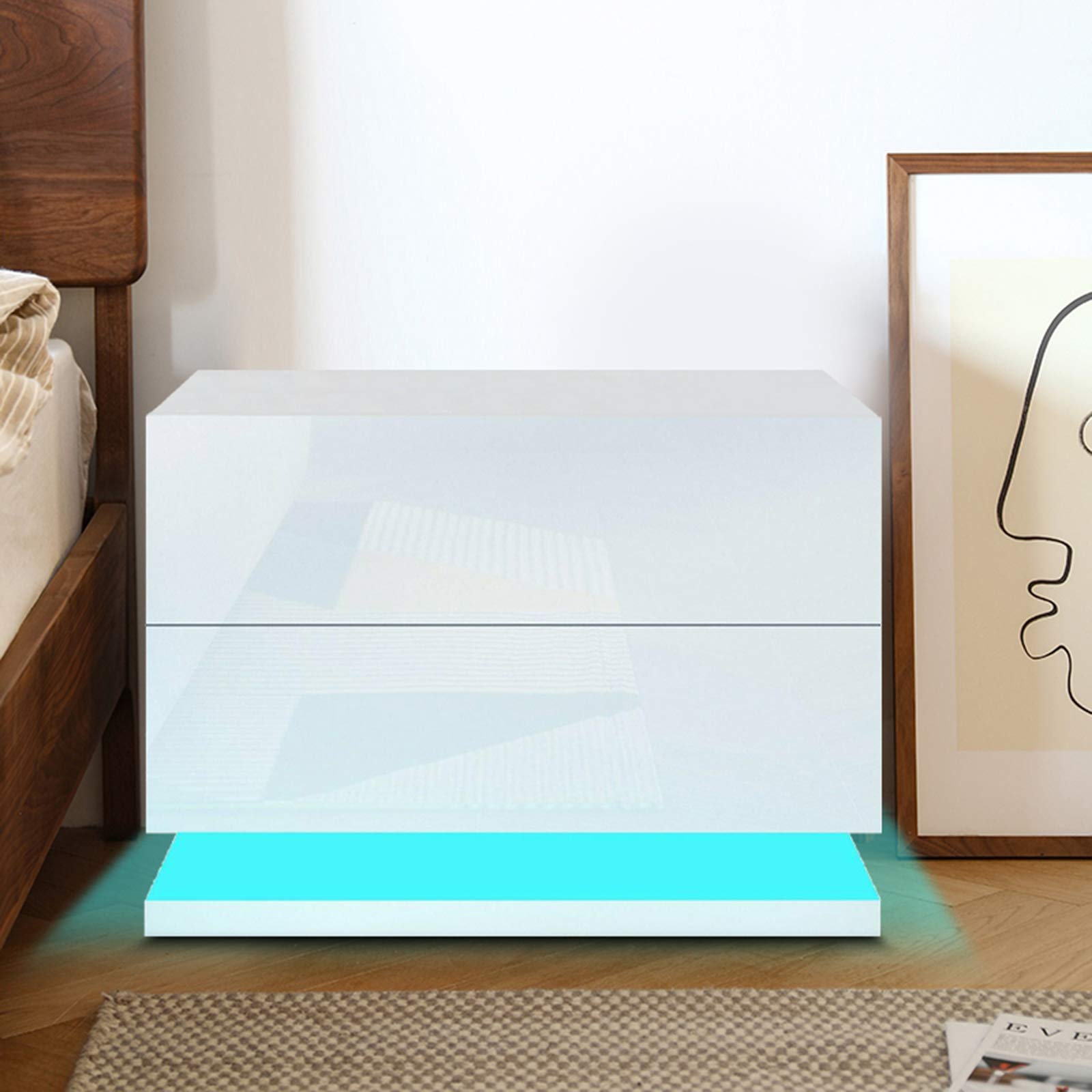Modern White Nightstand with 2 Storage Drawers, 16-Color LED Lights & USB Charging Port - Remote Control Glossy Bedside Table for Bedroom, Living Room or Office (16